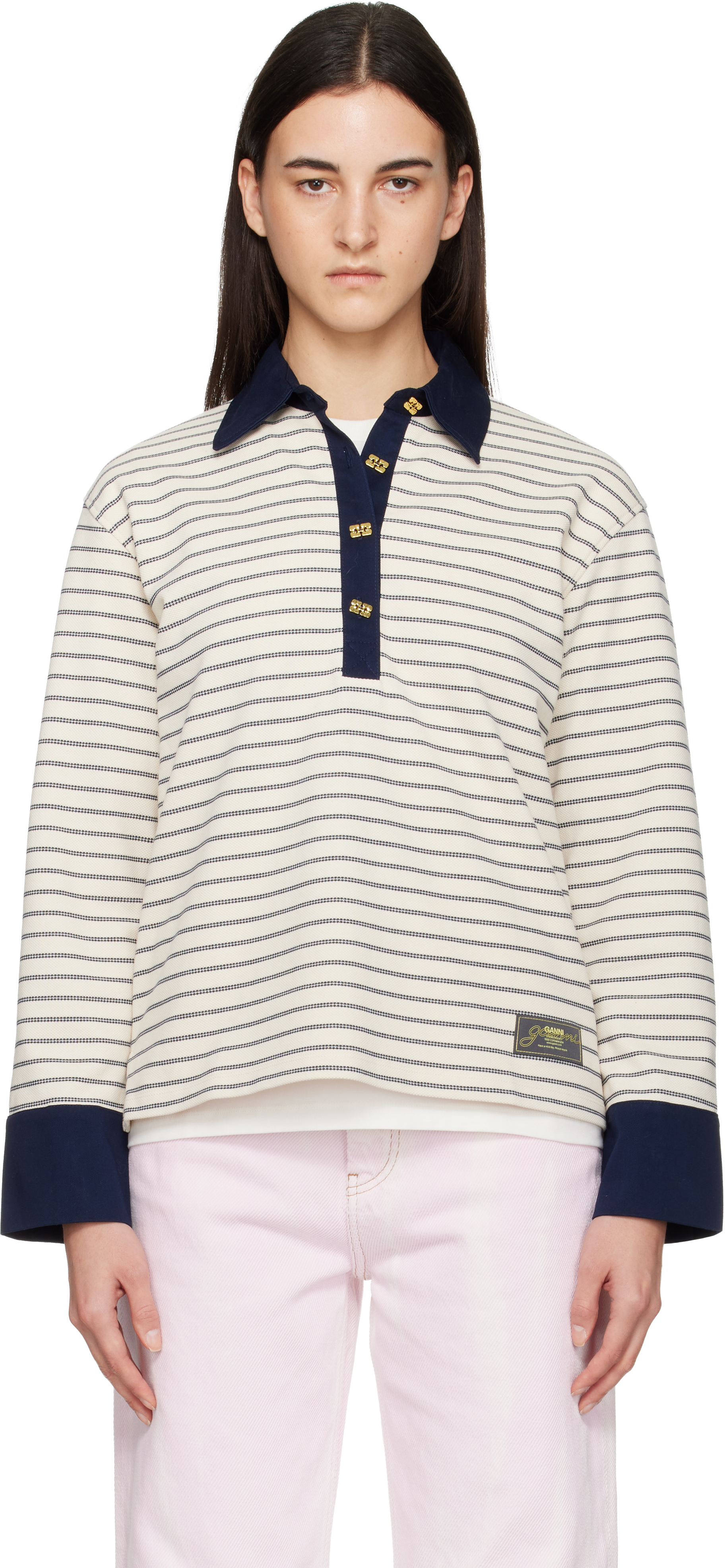 Ganni Off-white Striped Cotton Polo In Animal Print