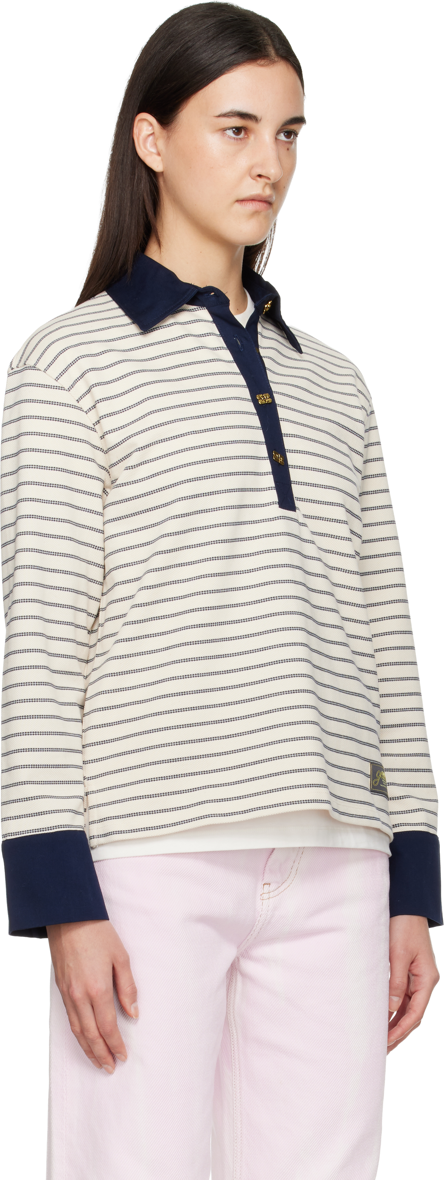 Ganni Off-white Striped Cotton Polo In Animal Print