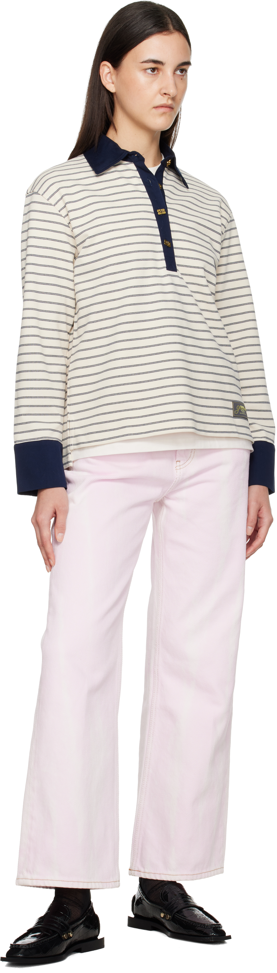 Ganni Off-white Striped Cotton Polo In Animal Print