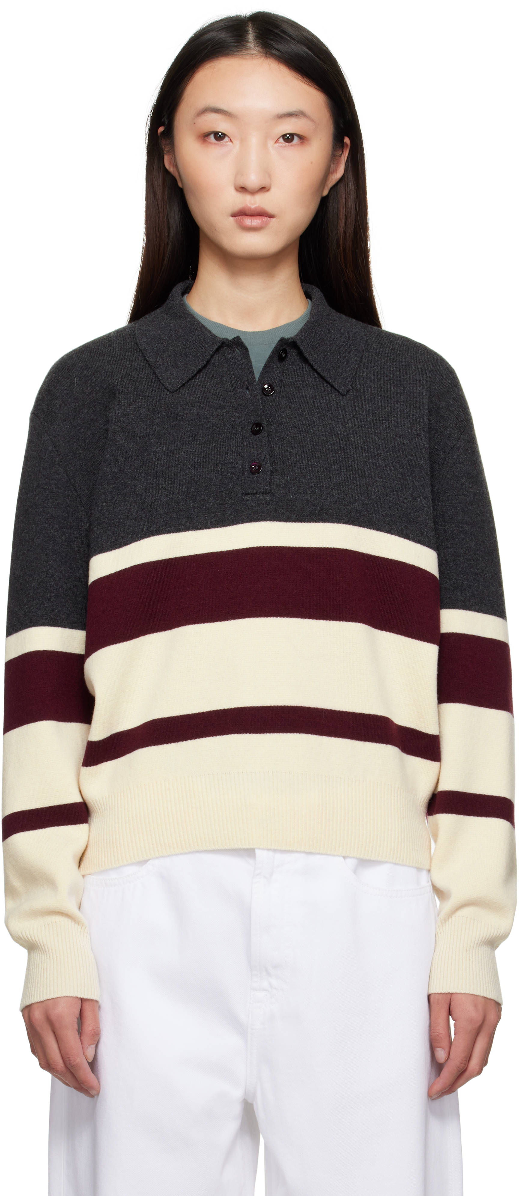 Róhe Gray & Burgundy Compact Knitted Striped Polo