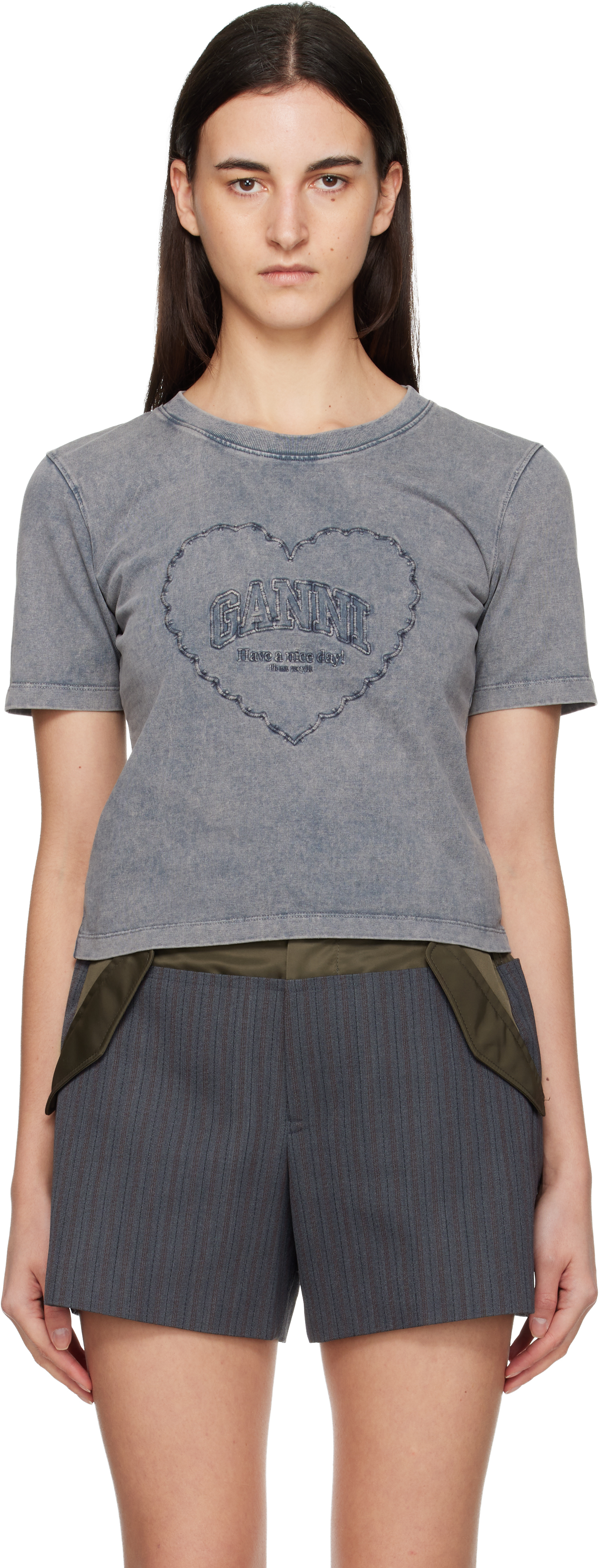 Ganni Gray Washed Heart Cropped T-shirt In Black