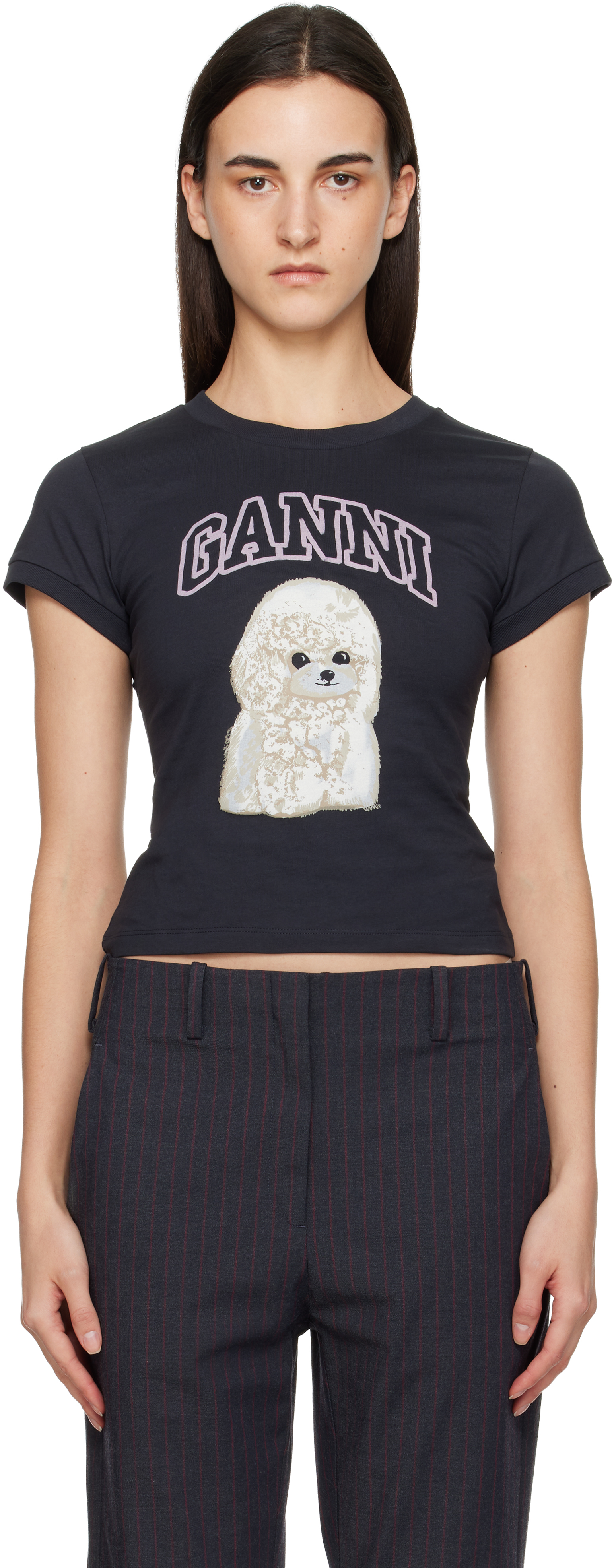 Ganni Washed Black T-shirt With Poodle Print In Animal Print