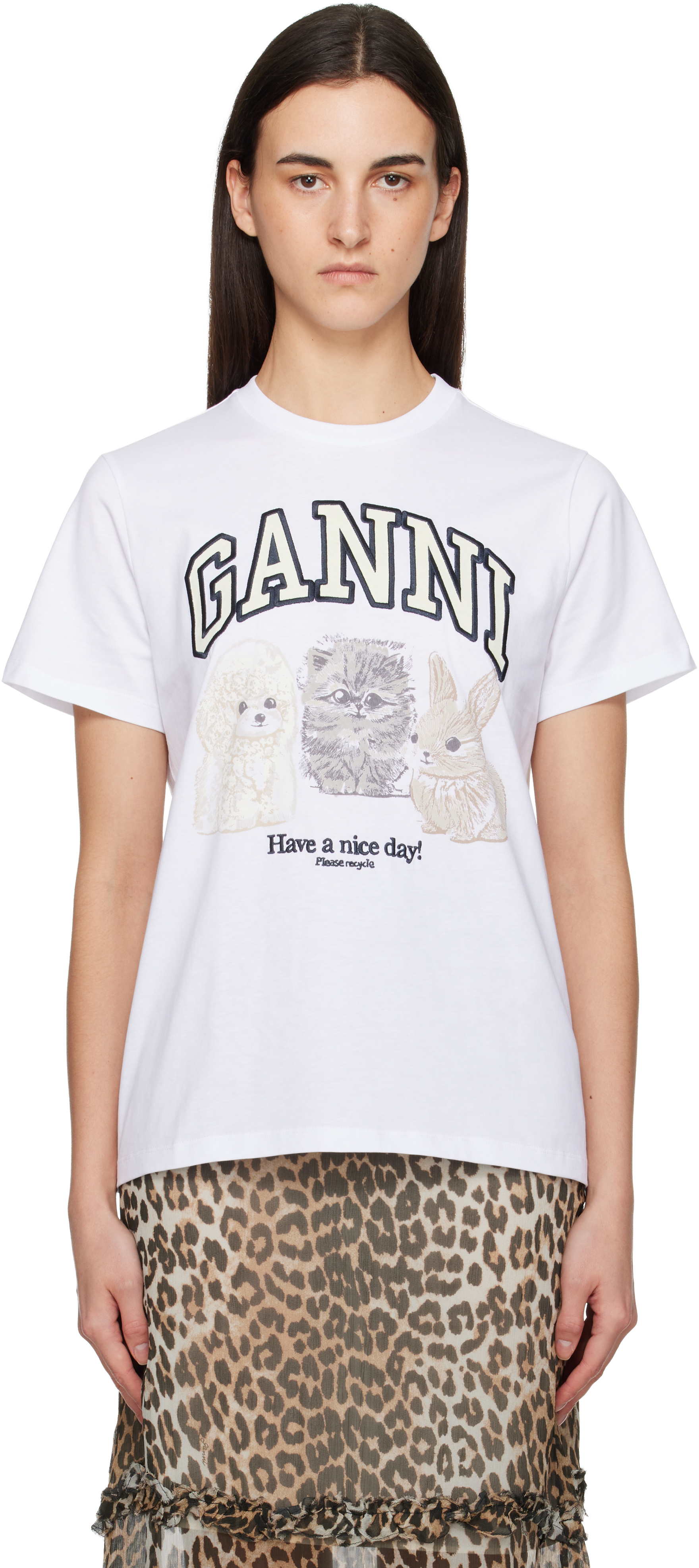 GANNIのホワイト Animals ベーシック ジャージ リラックス Tシャツが