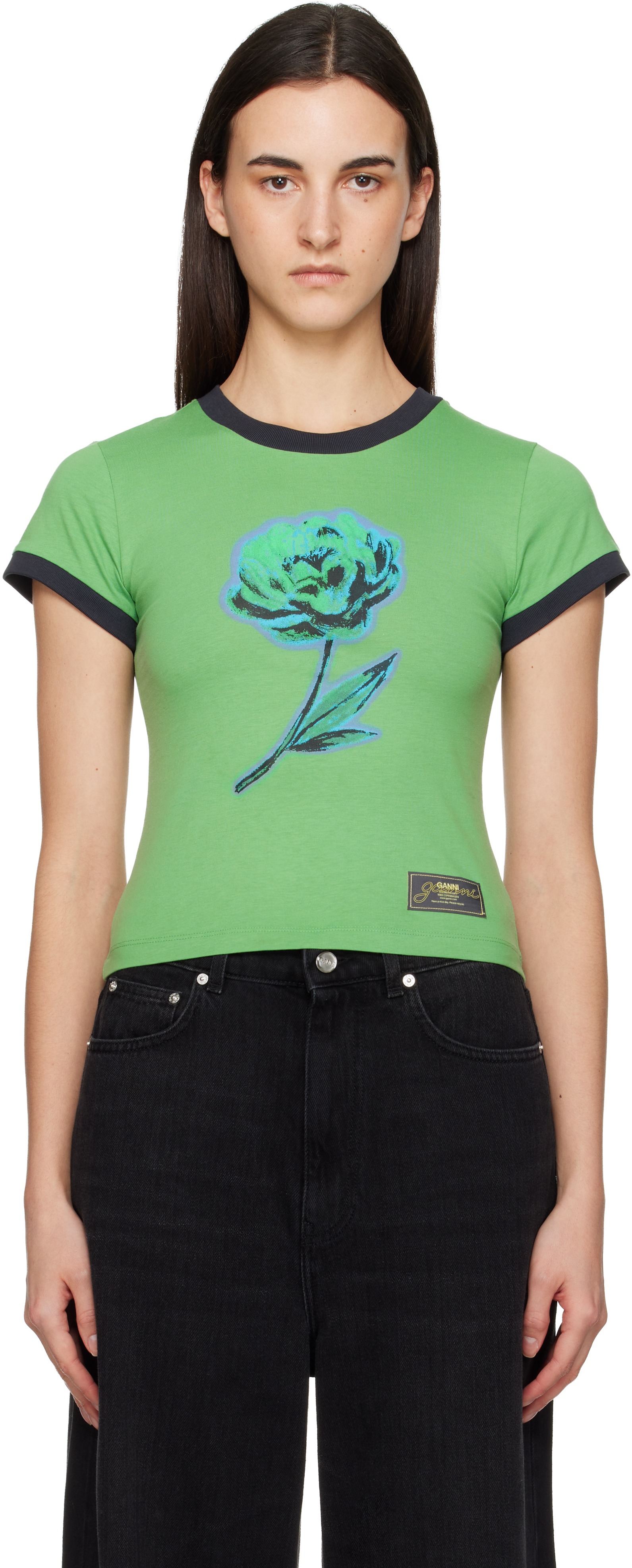 Ganni Green Basic Cotton Jersey Peony Baby Fit T-shirt In Multi