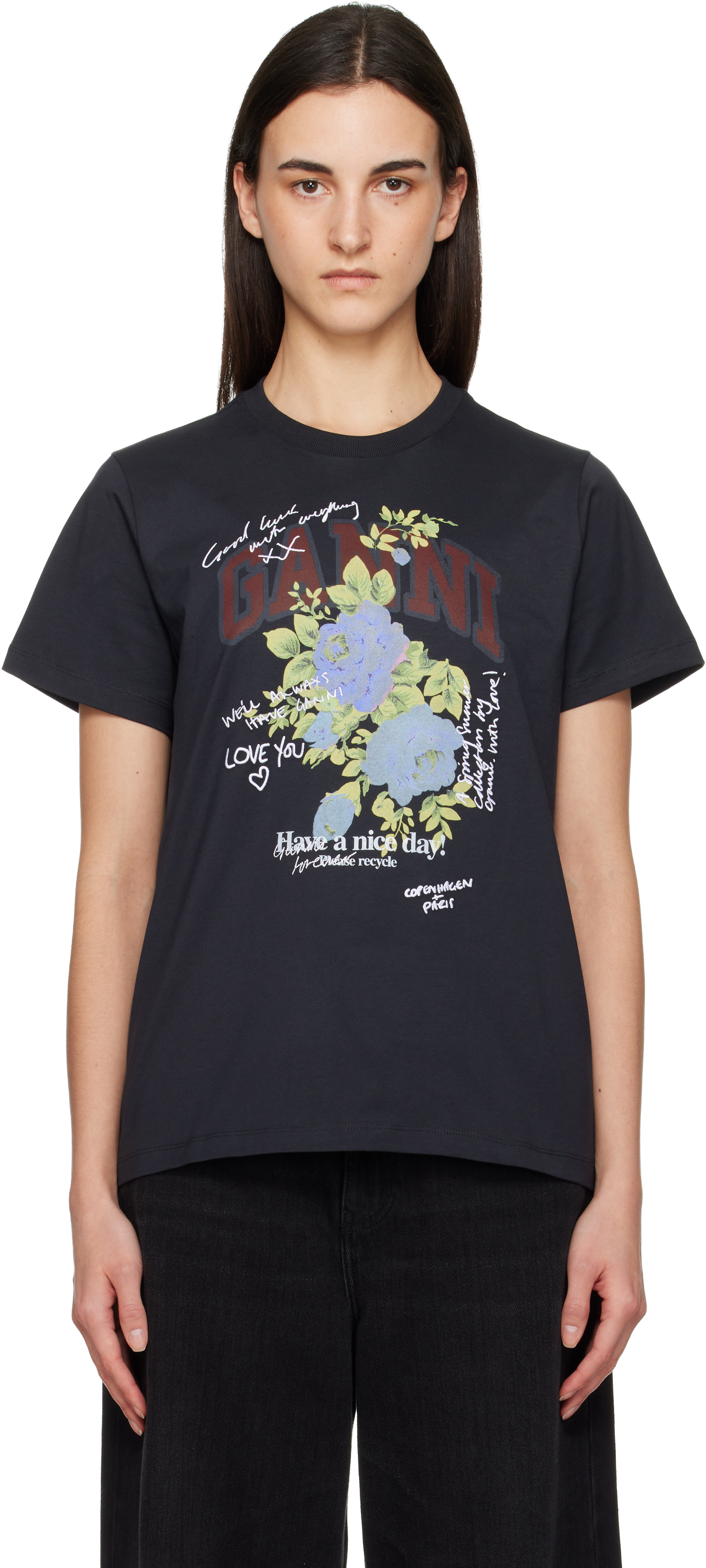 Ganni Black Rose T-shirt In Blue