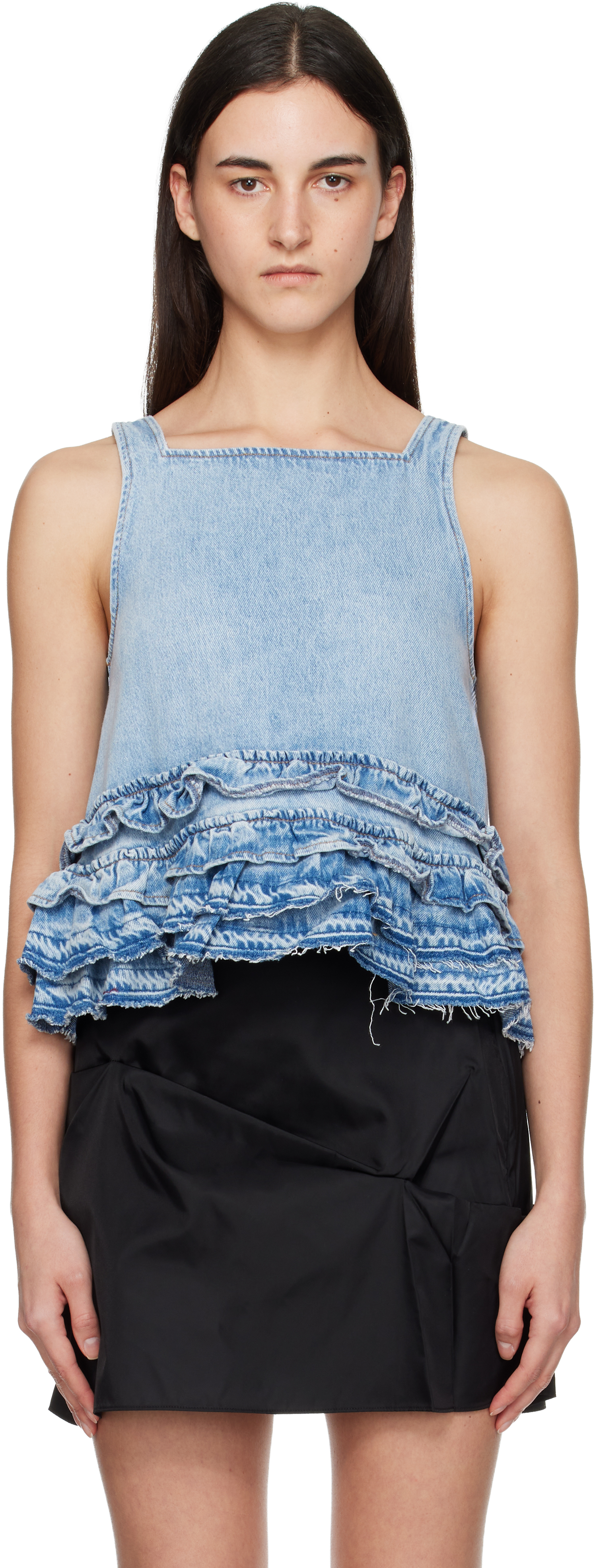 Ganni Blue Frill Denim Tank Top