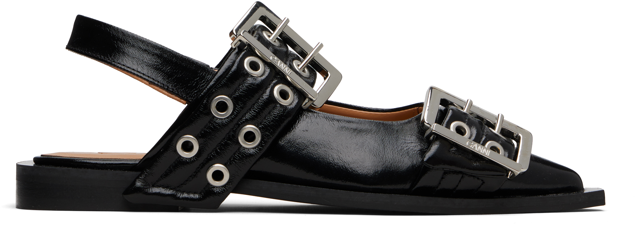 Ganni Black Feminine Buckle Ballerina Flats In Black