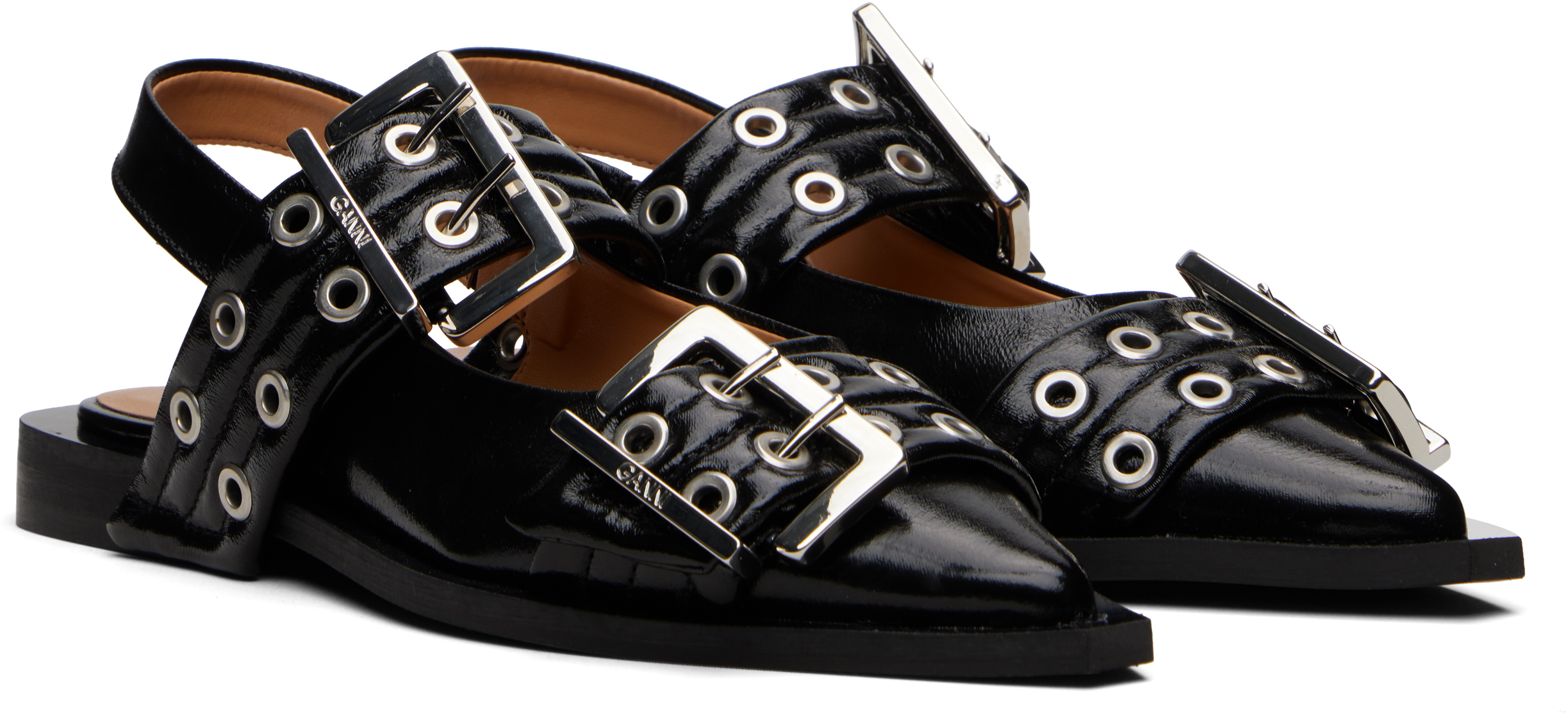 Ganni Black Feminine Buckle Ballerina Flats In Black