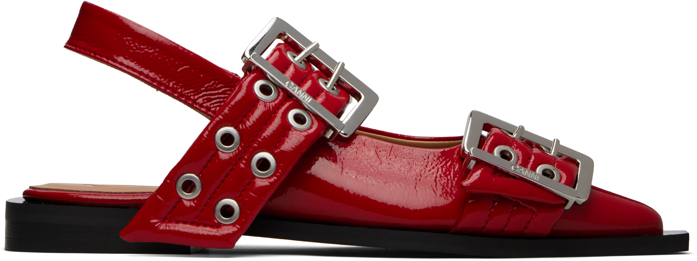 Ganni Red Feminine Buckle Ballerina Flats In Red