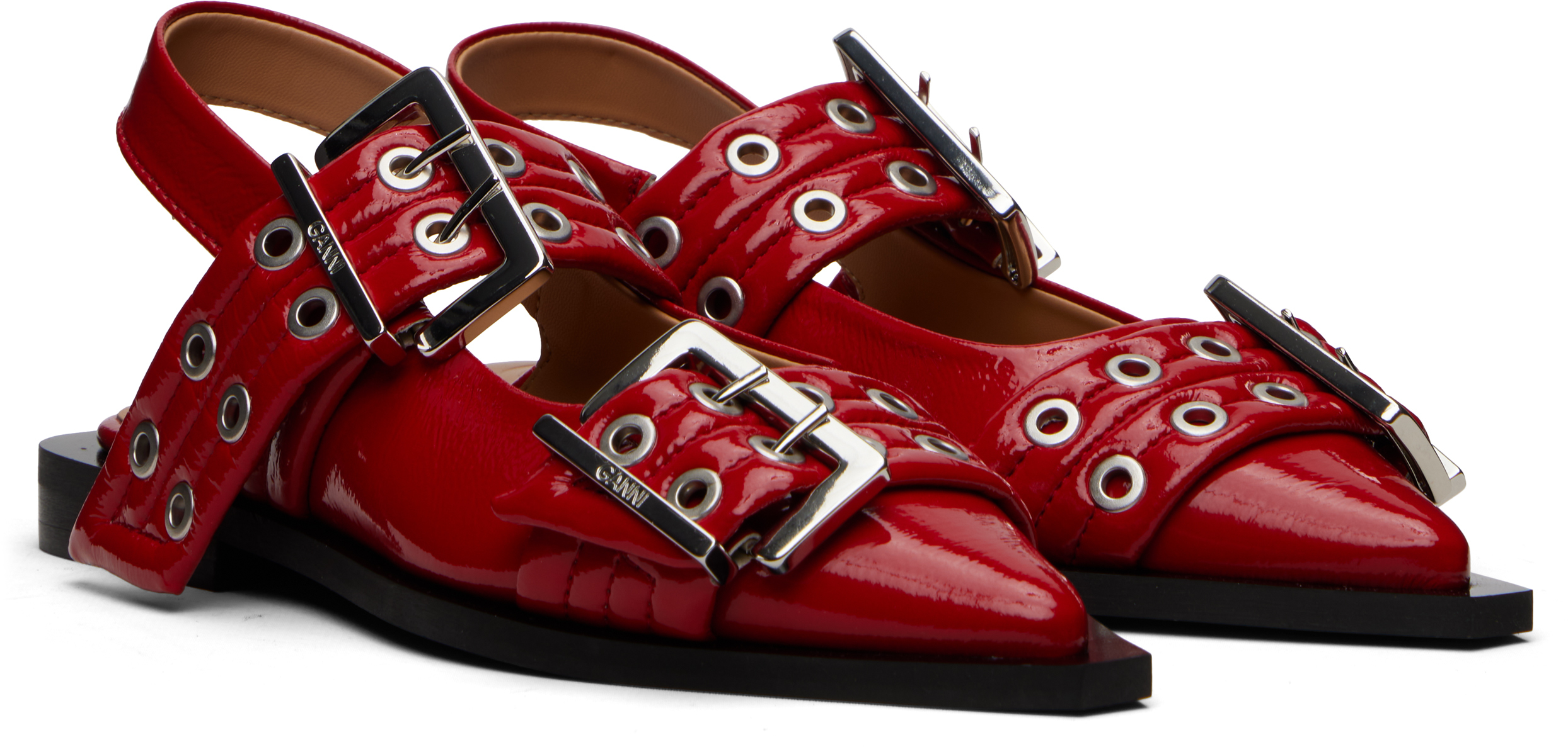 Ganni Red Feminine Buckle Ballerina Flats In Red