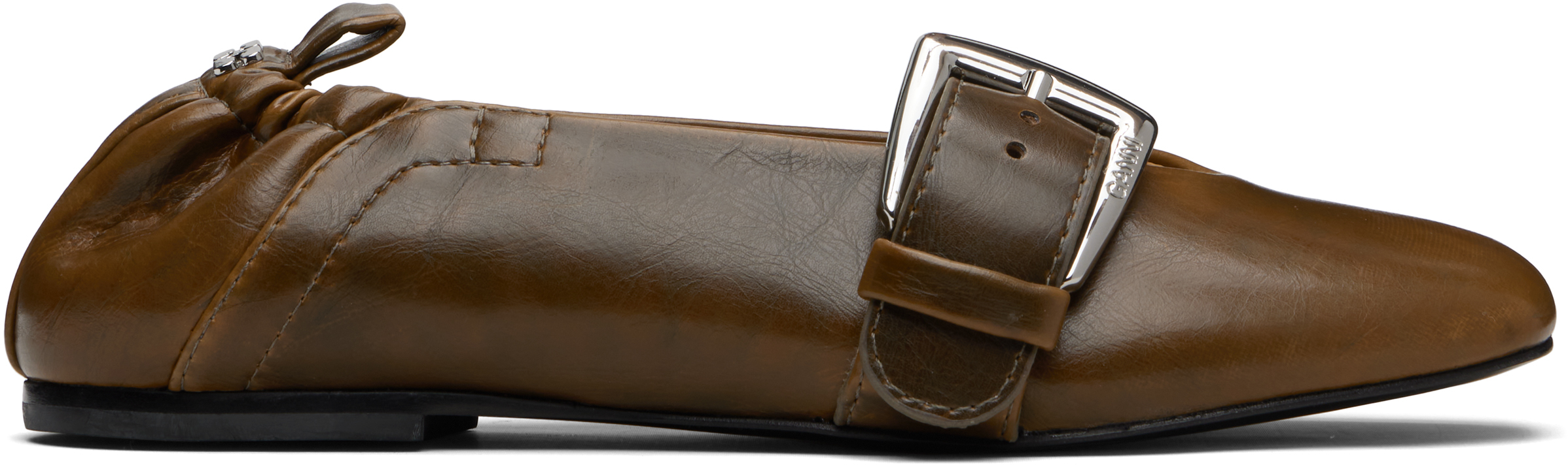 Ganni Khaki Buckle Strap Ballerina Flats In Brown