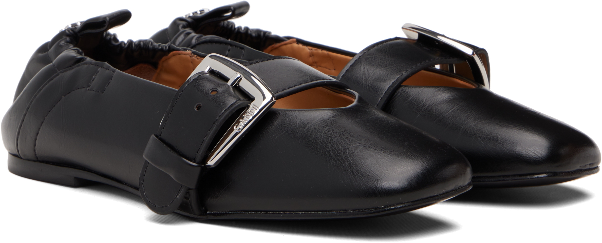 Ganni Black Buckle Strap Ballerina Flats In Black
