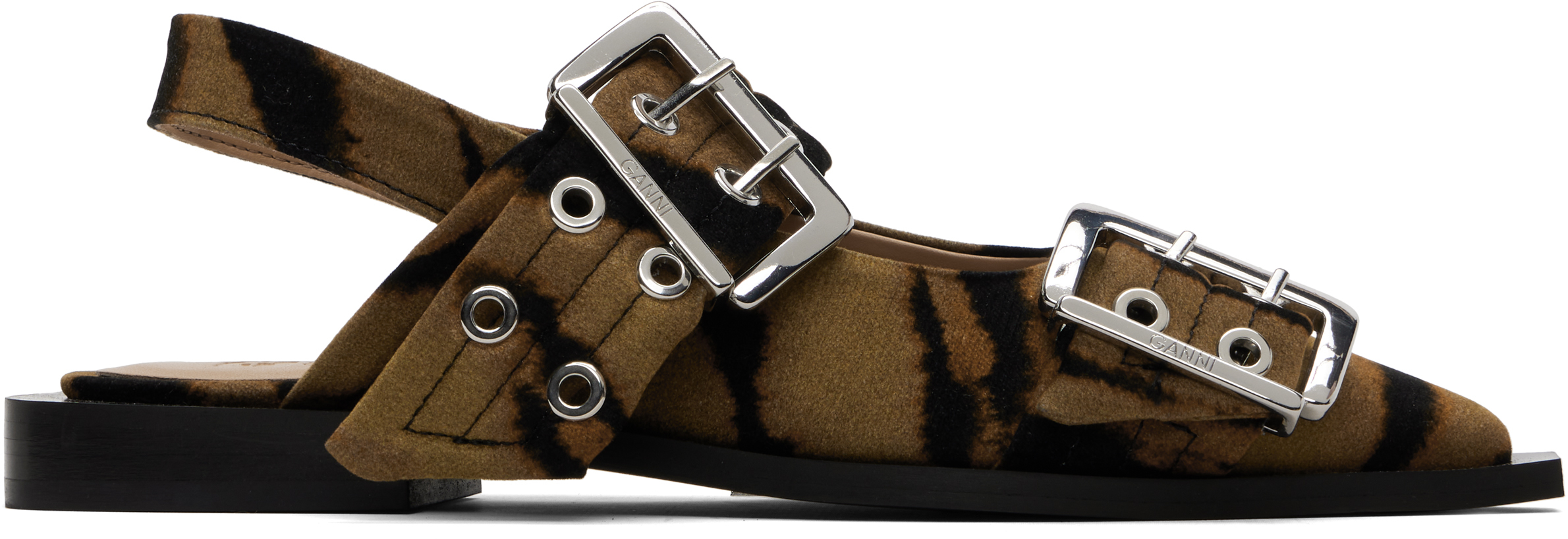 Ganni Khaki Feminine Buckle Ballerina Flats In Brown