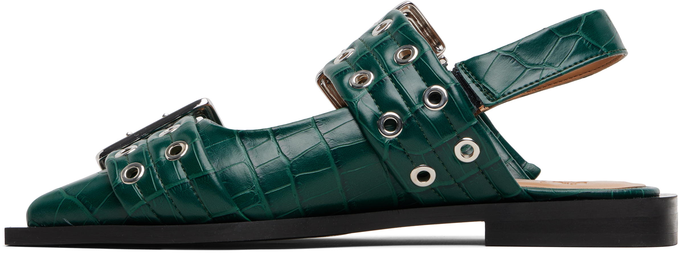 Ganni Green Feminine Buckle Ballerina Flats In Green