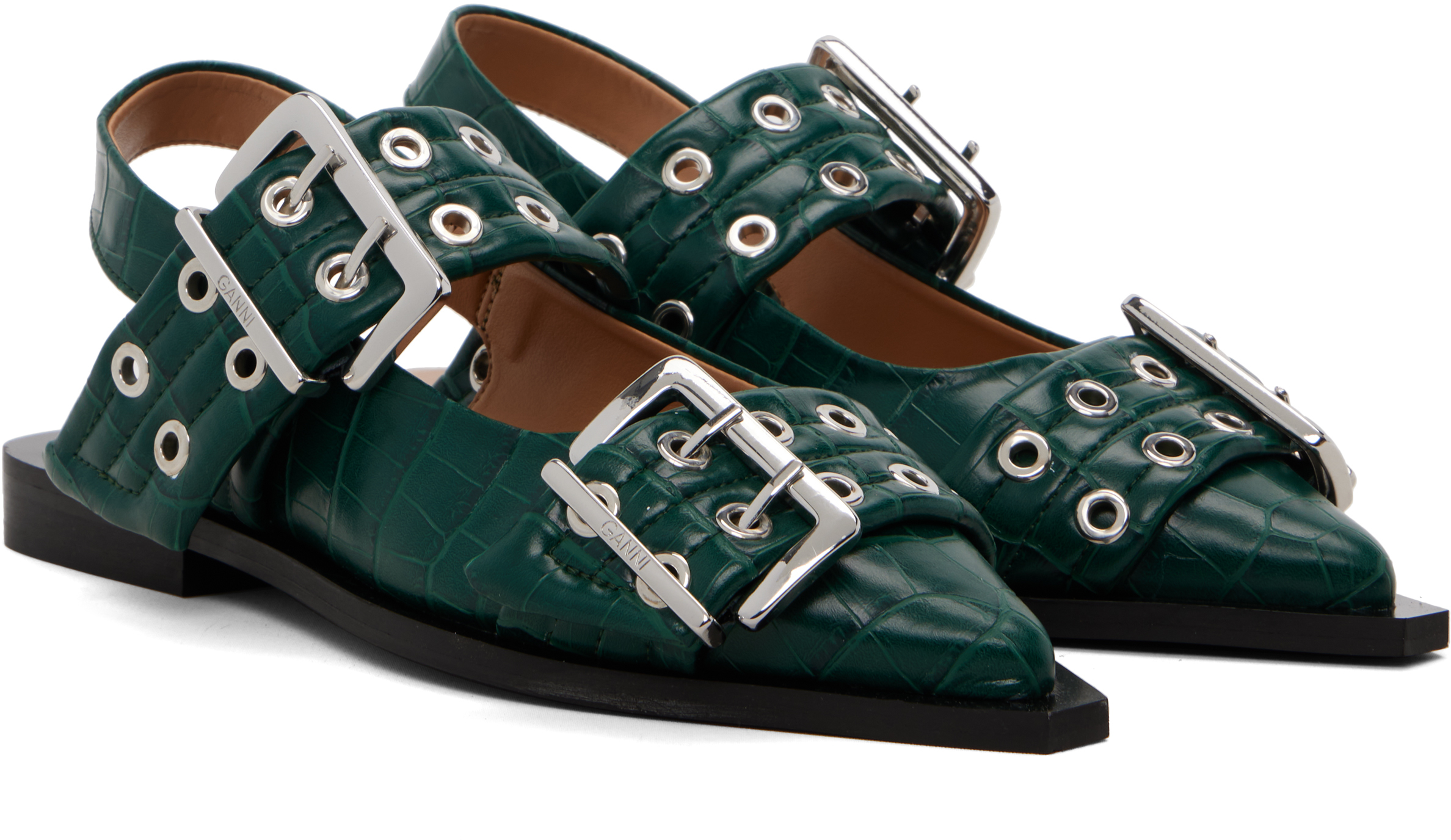 Ganni Green Feminine Buckle Ballerina Flats In Green