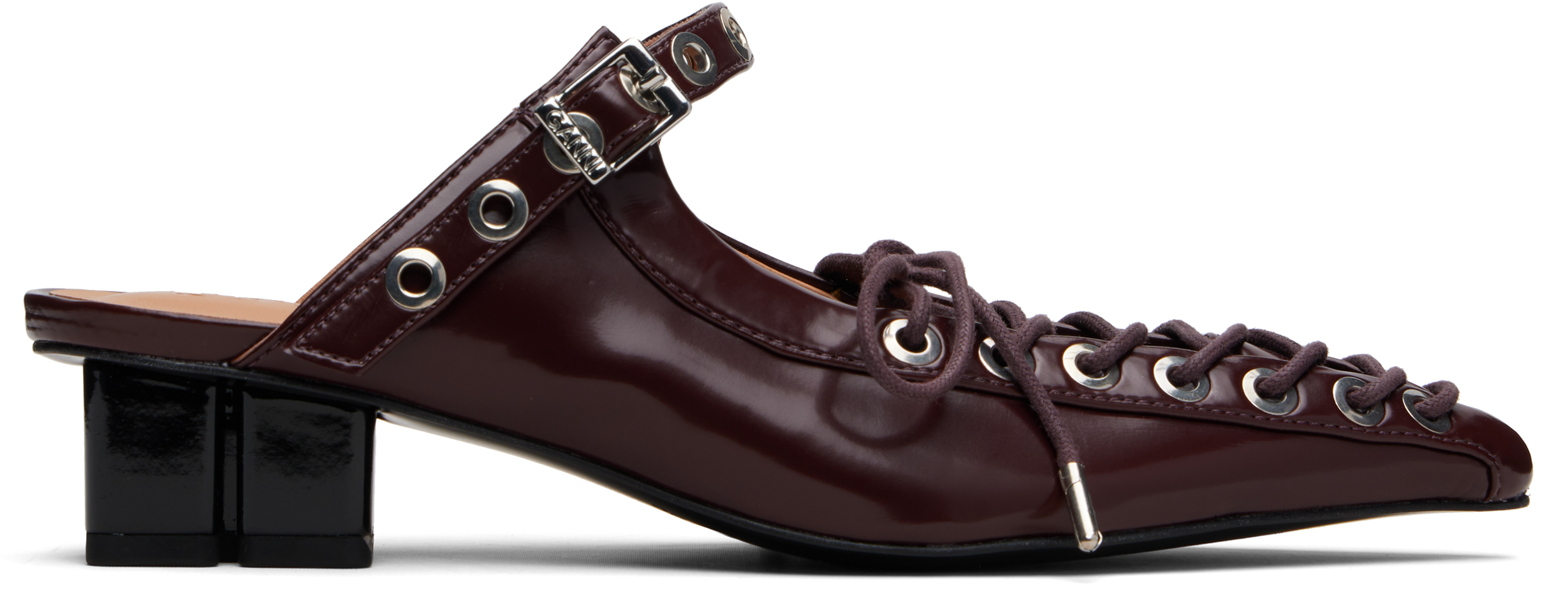 Ganni Burgundy Lace-up Mule Heels In Burgundy