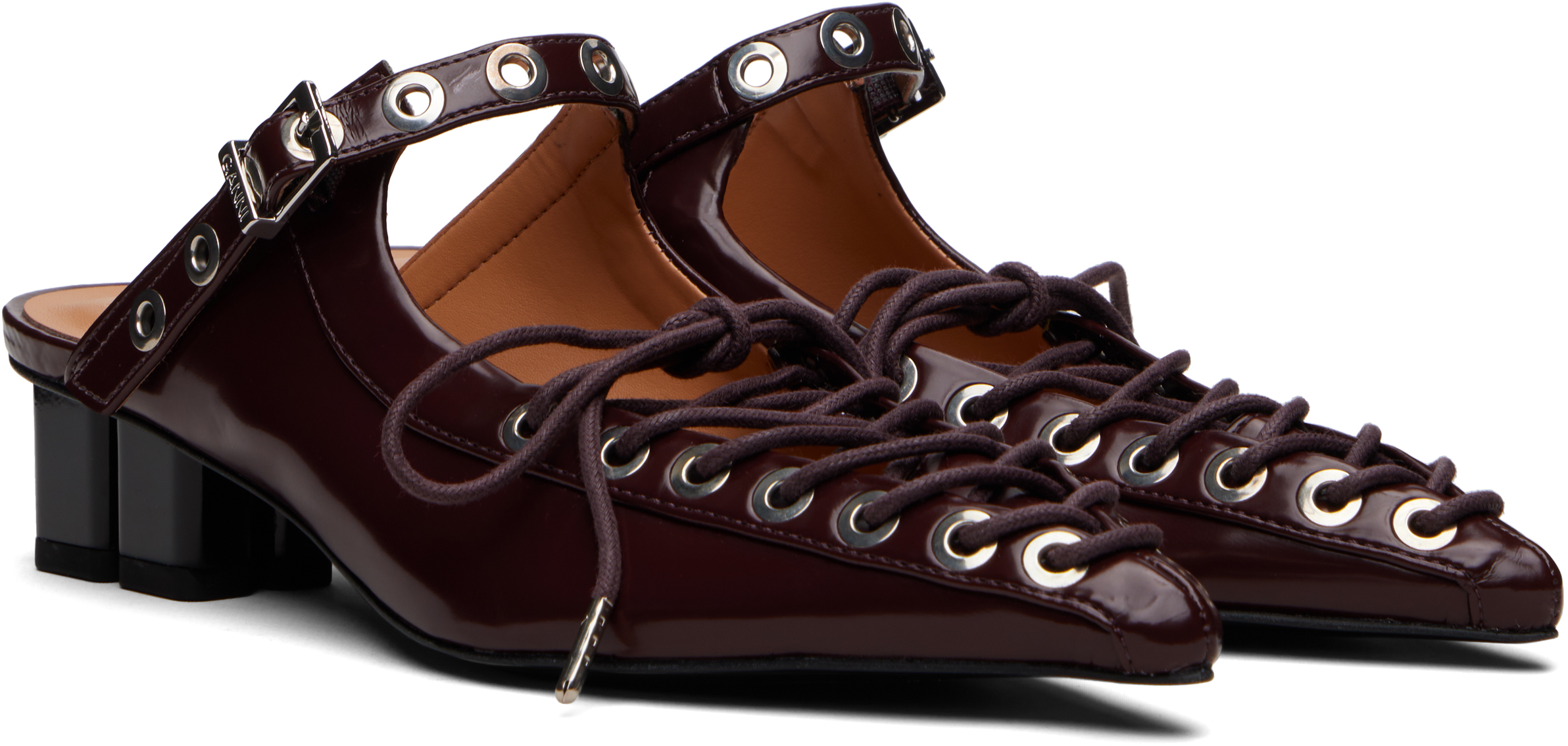 Ganni Burgundy Lace-up Mule Heels In Burgundy