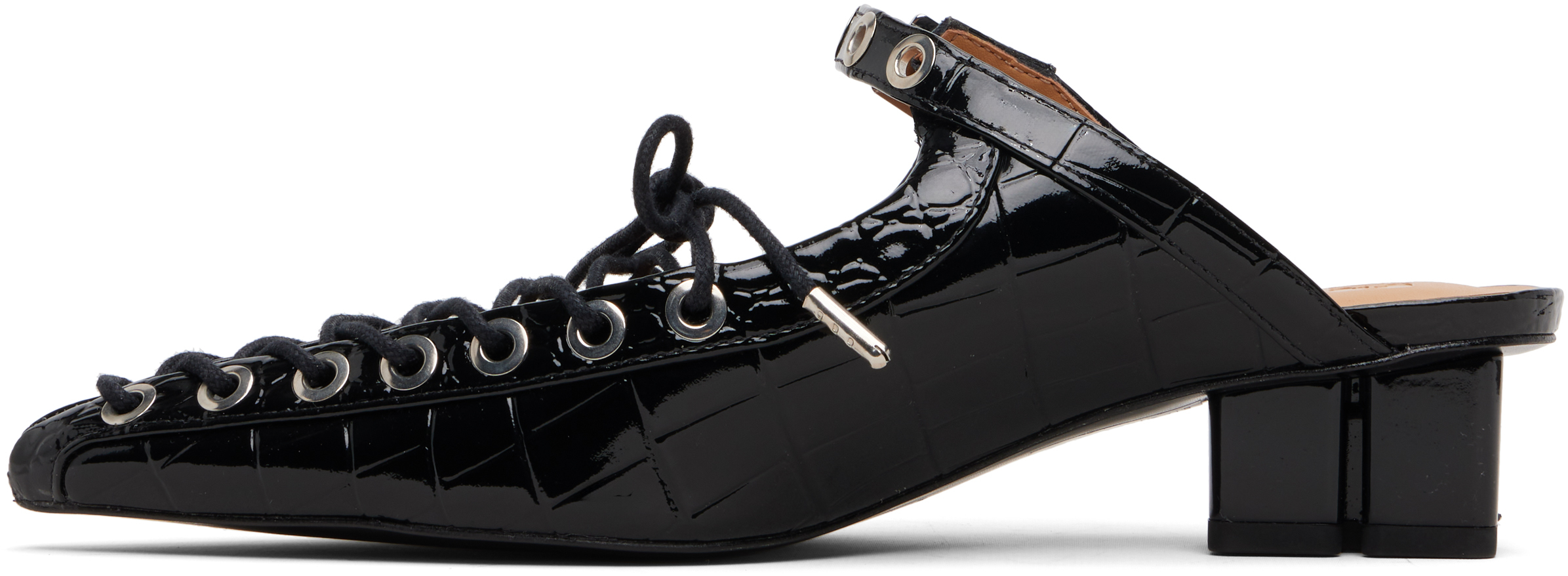 Ganni Black Eyelets Lace-up Mule Heels In Black