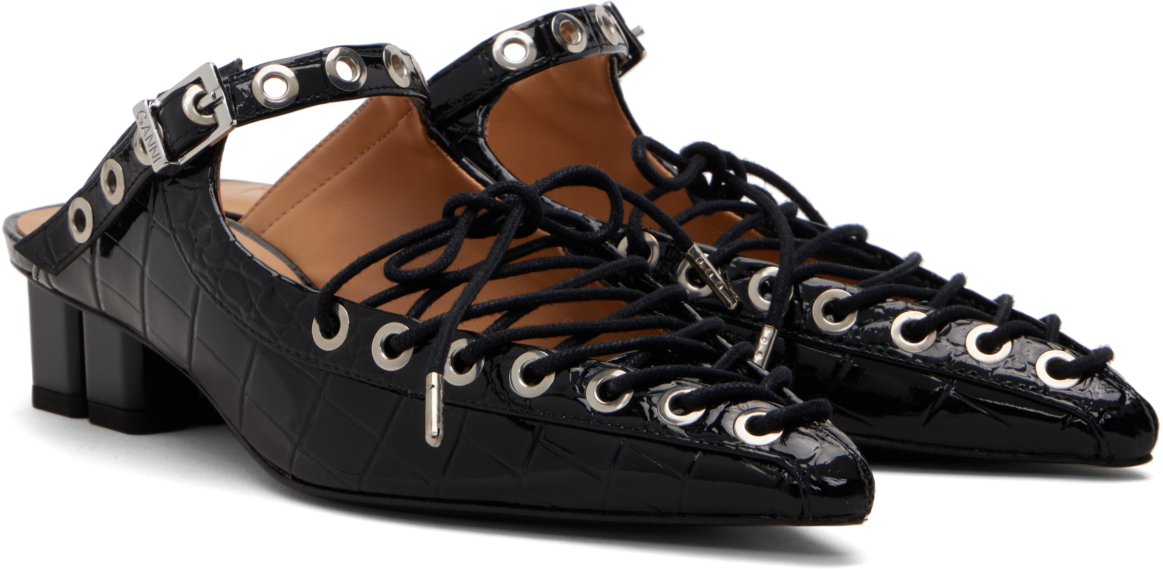 Ganni Black Eyelets Lace-up Mule Heels In Black