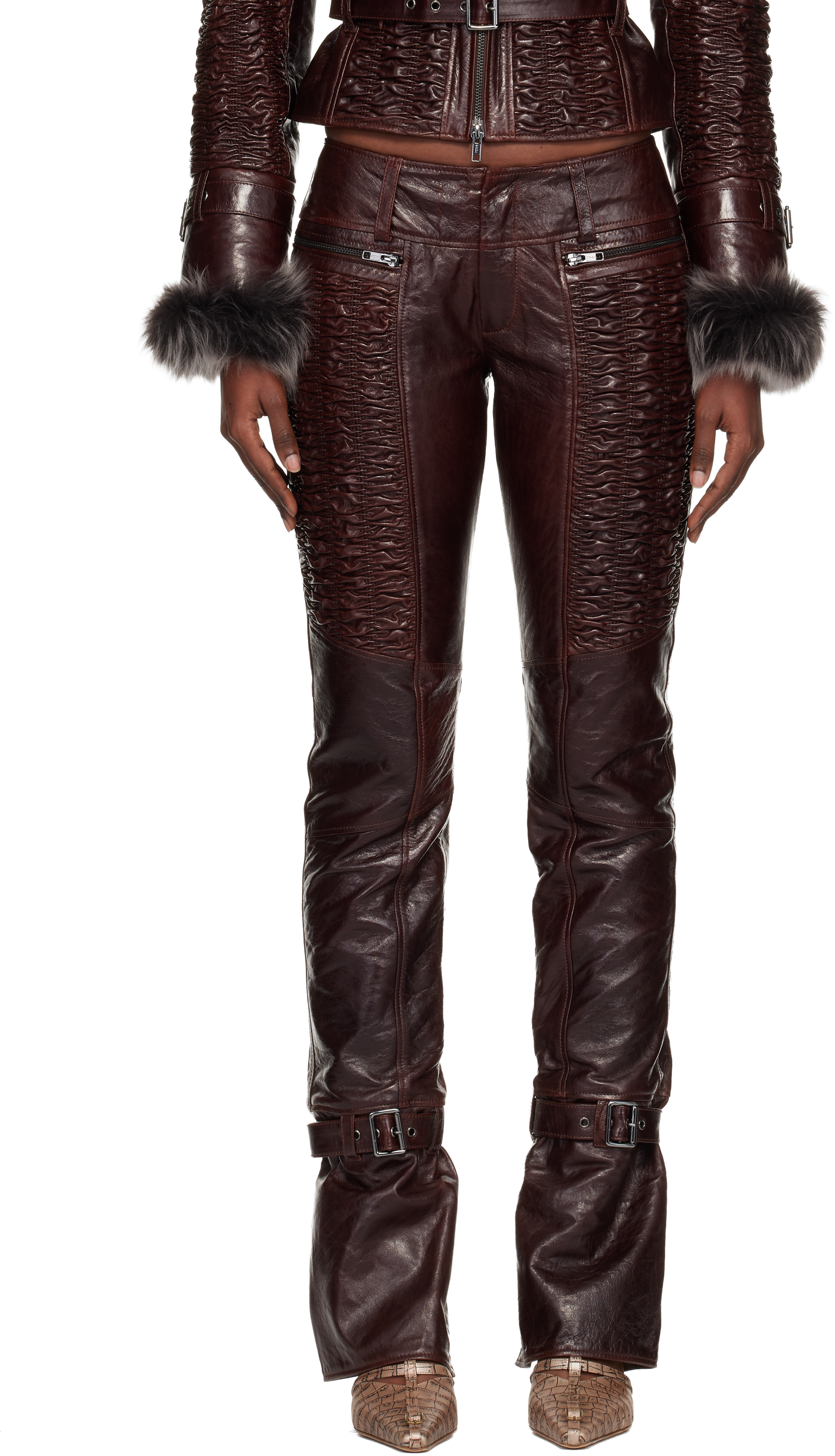 Knwls Brown Smocked Straight Leg Leather Trousers In Brown