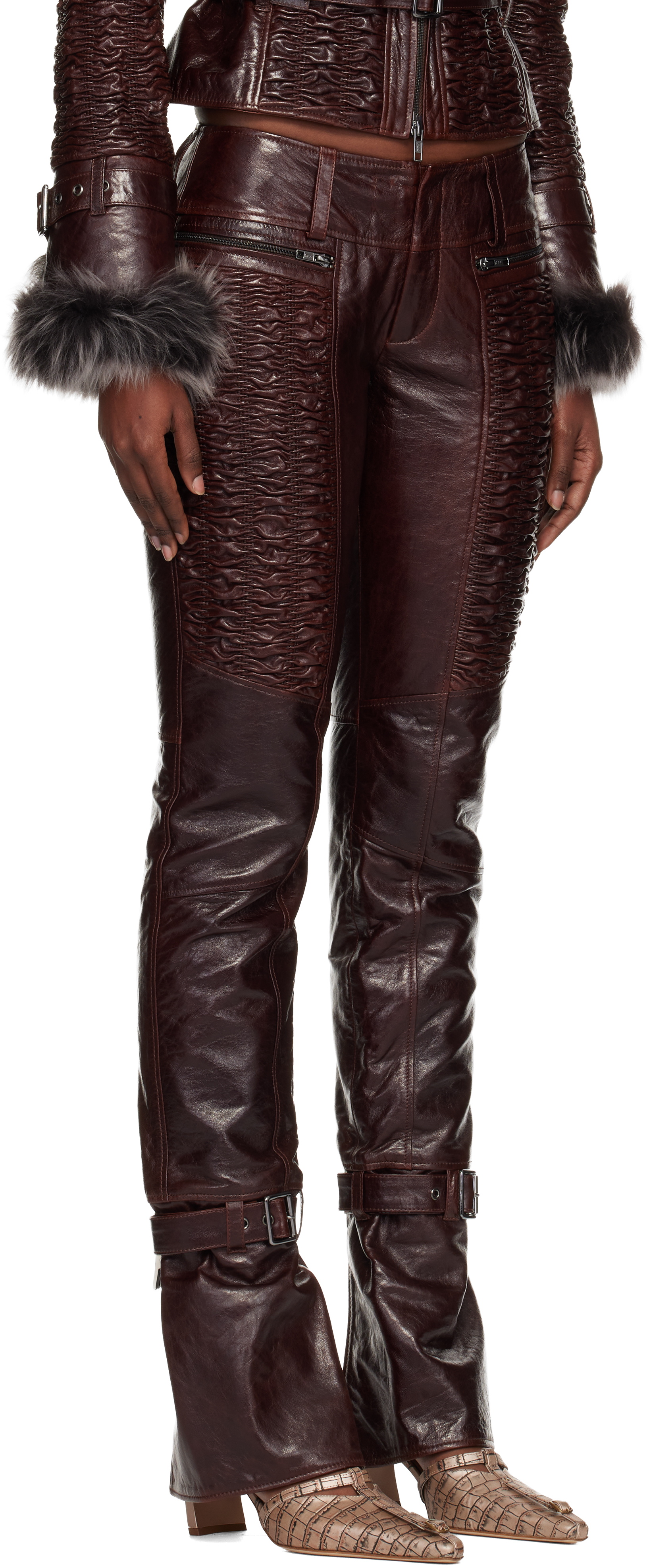 Knwls Brown Smocked Straight Leg Leather Trousers In Brown