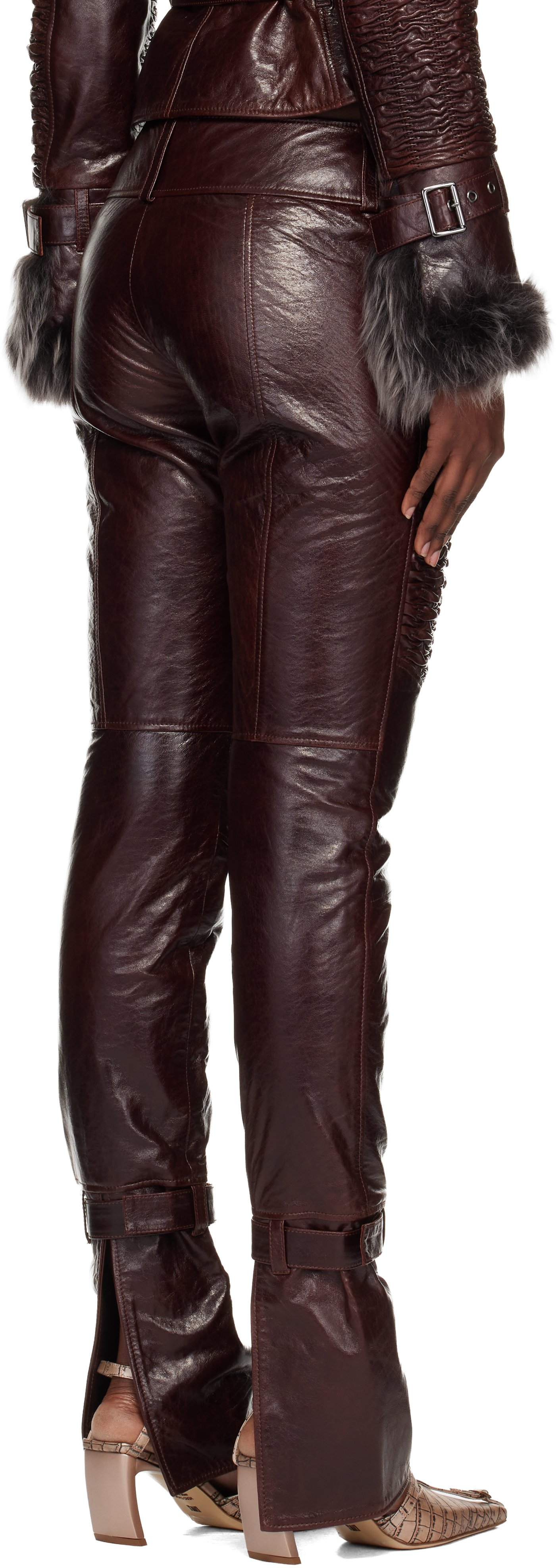 Knwls Brown Smocked Straight Leg Leather Trousers In Brown
