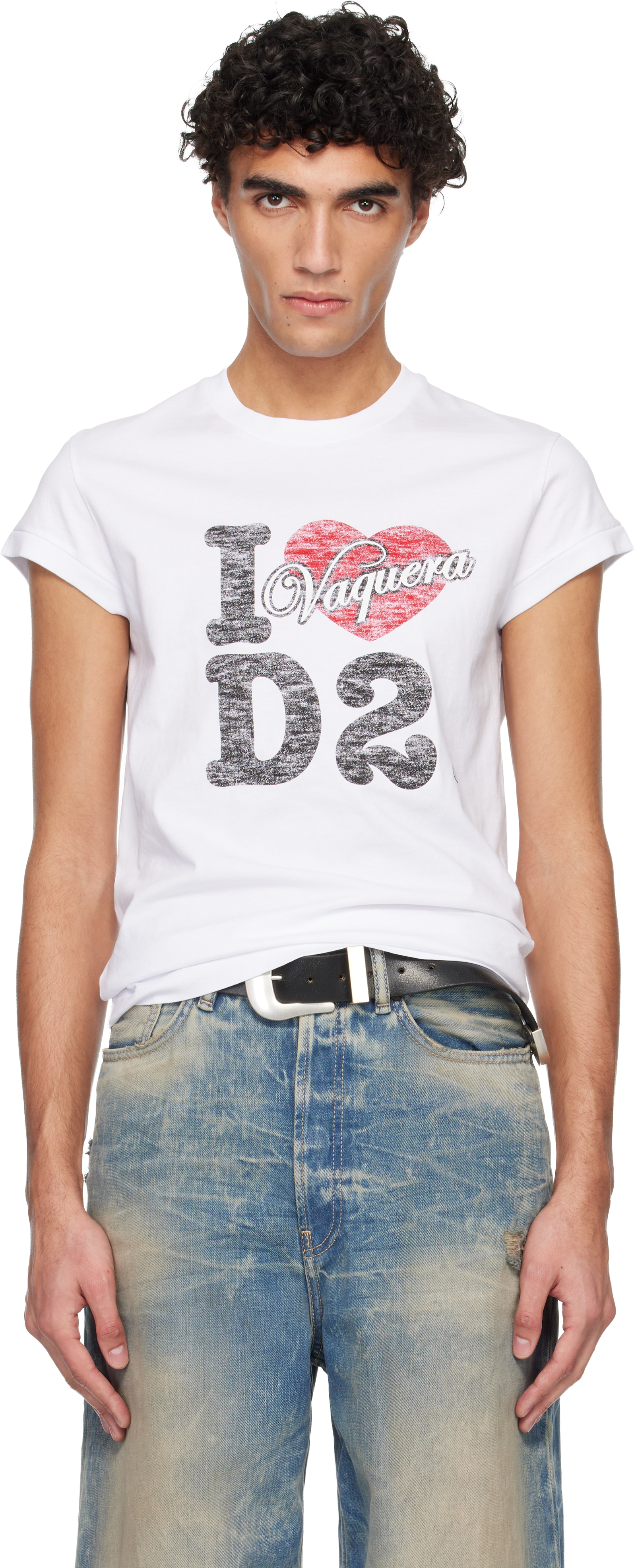 Dsquared2 White Vaquera Edition Destroyed Cup Sleeves T-shirt