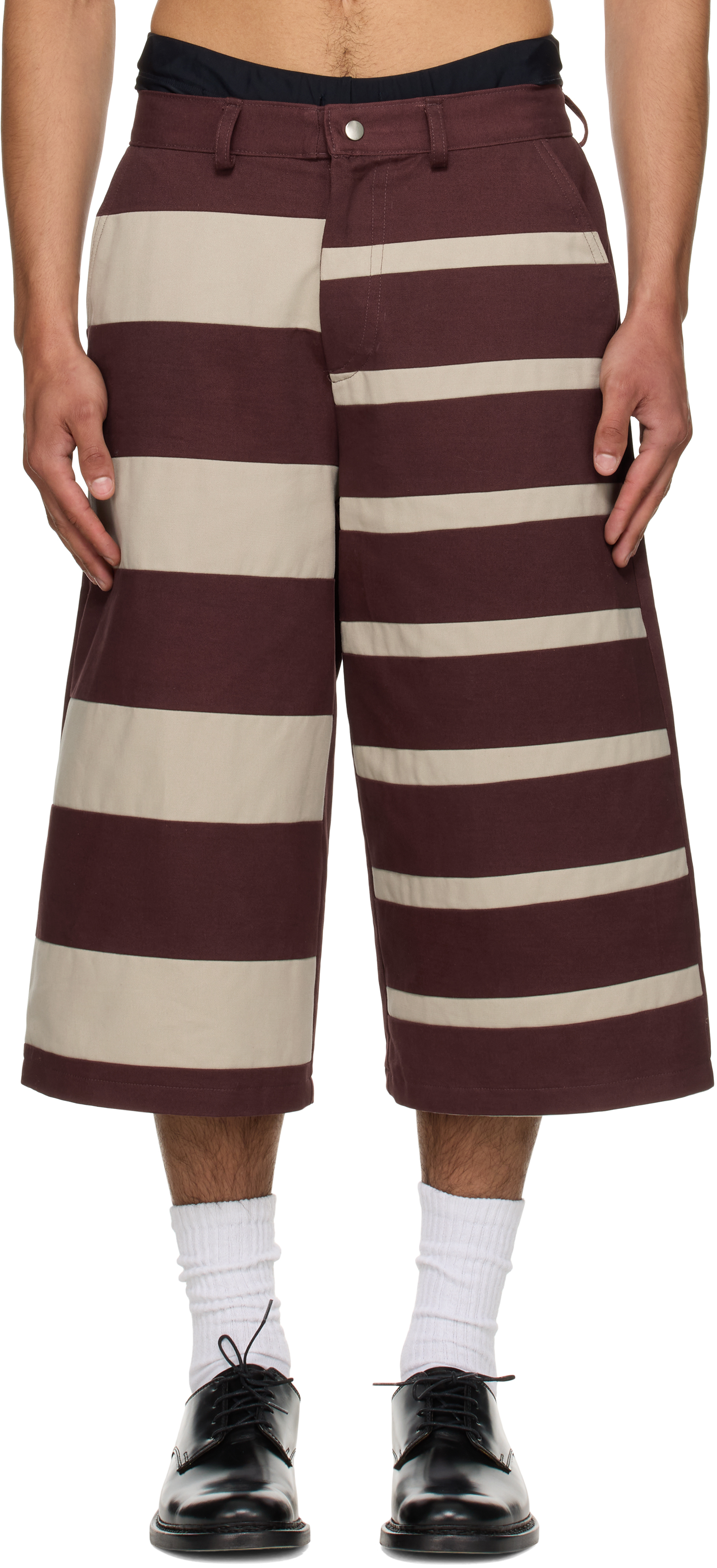 SSENSE Exclusive Burgundy & Beige Contrast Stripe Bermuda Shorts