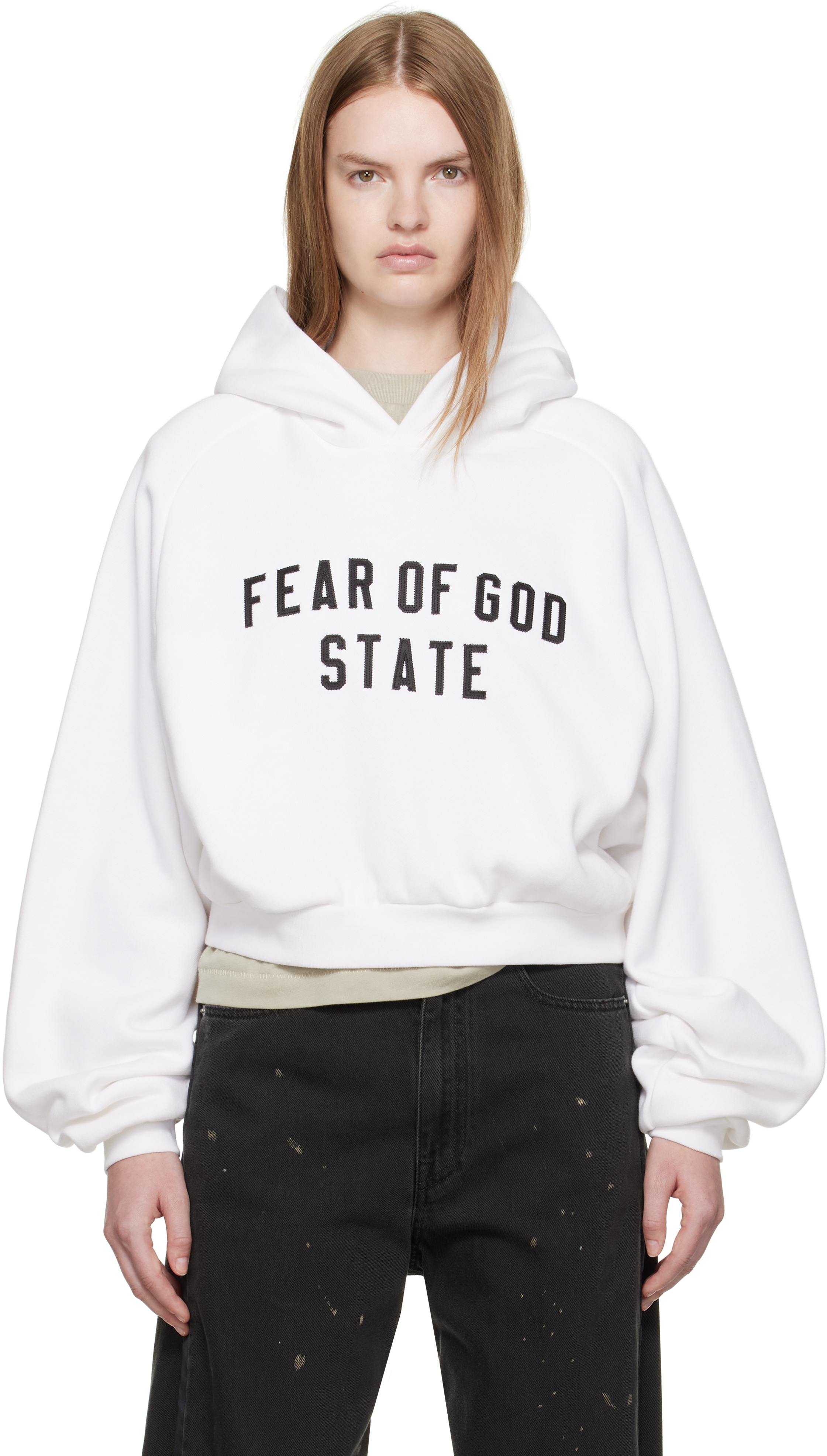 Fear of God ESSENTIALS: White Fleece Raglan Hoodie | SSENSE