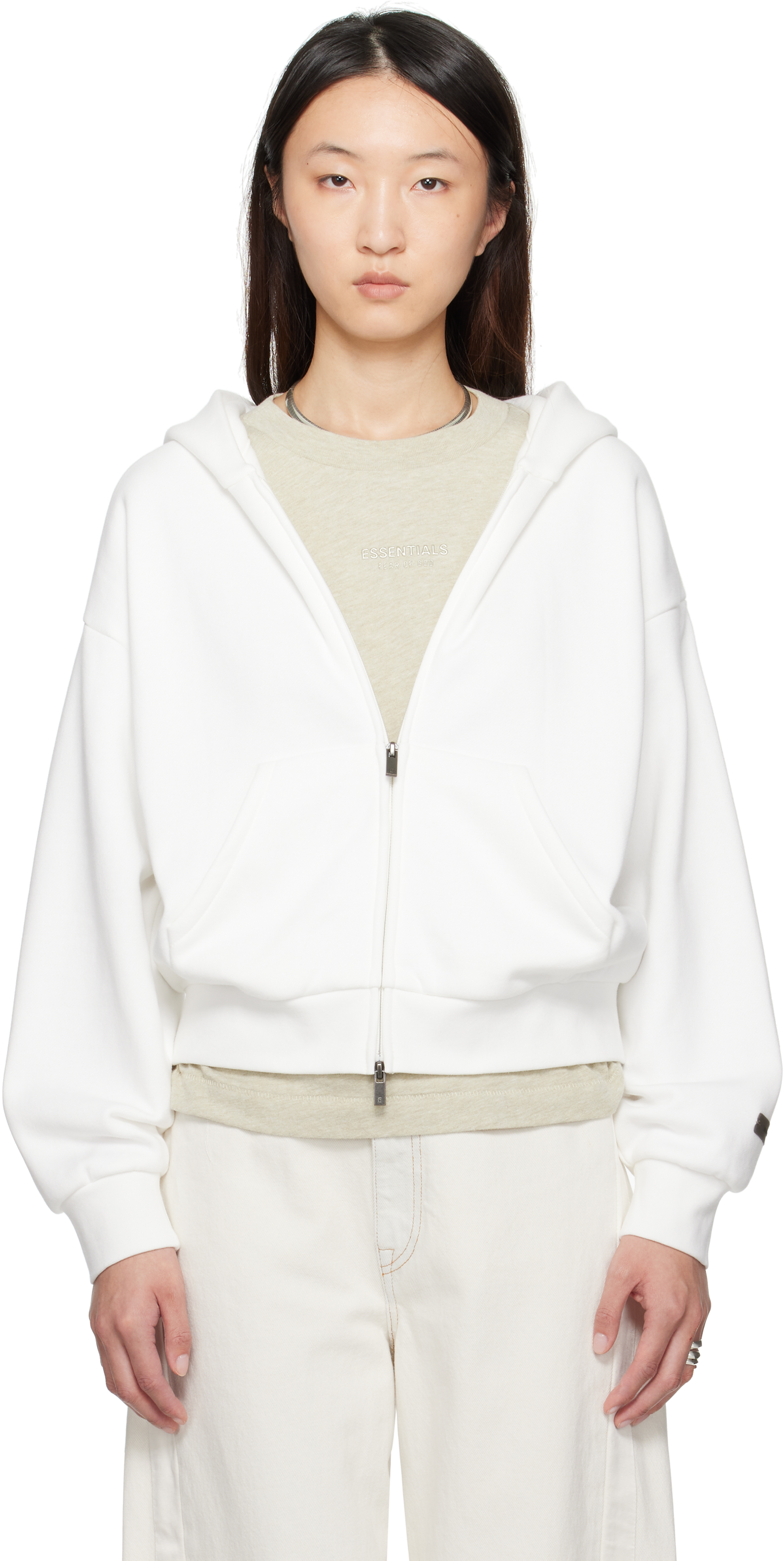 White Classic Fit Zip-Up Hoodie