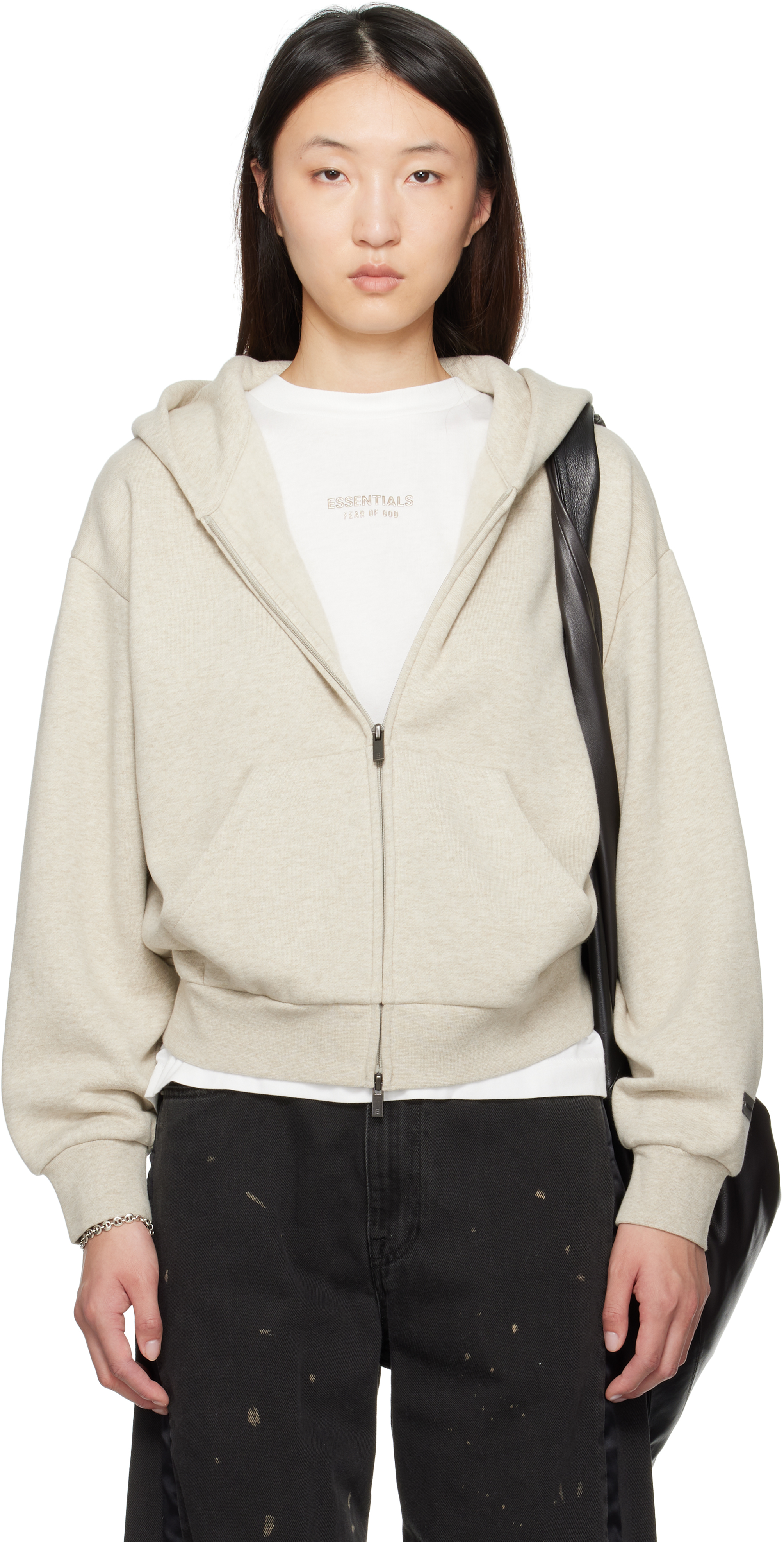 Beige Classic Fit Zip-Up Hoodie