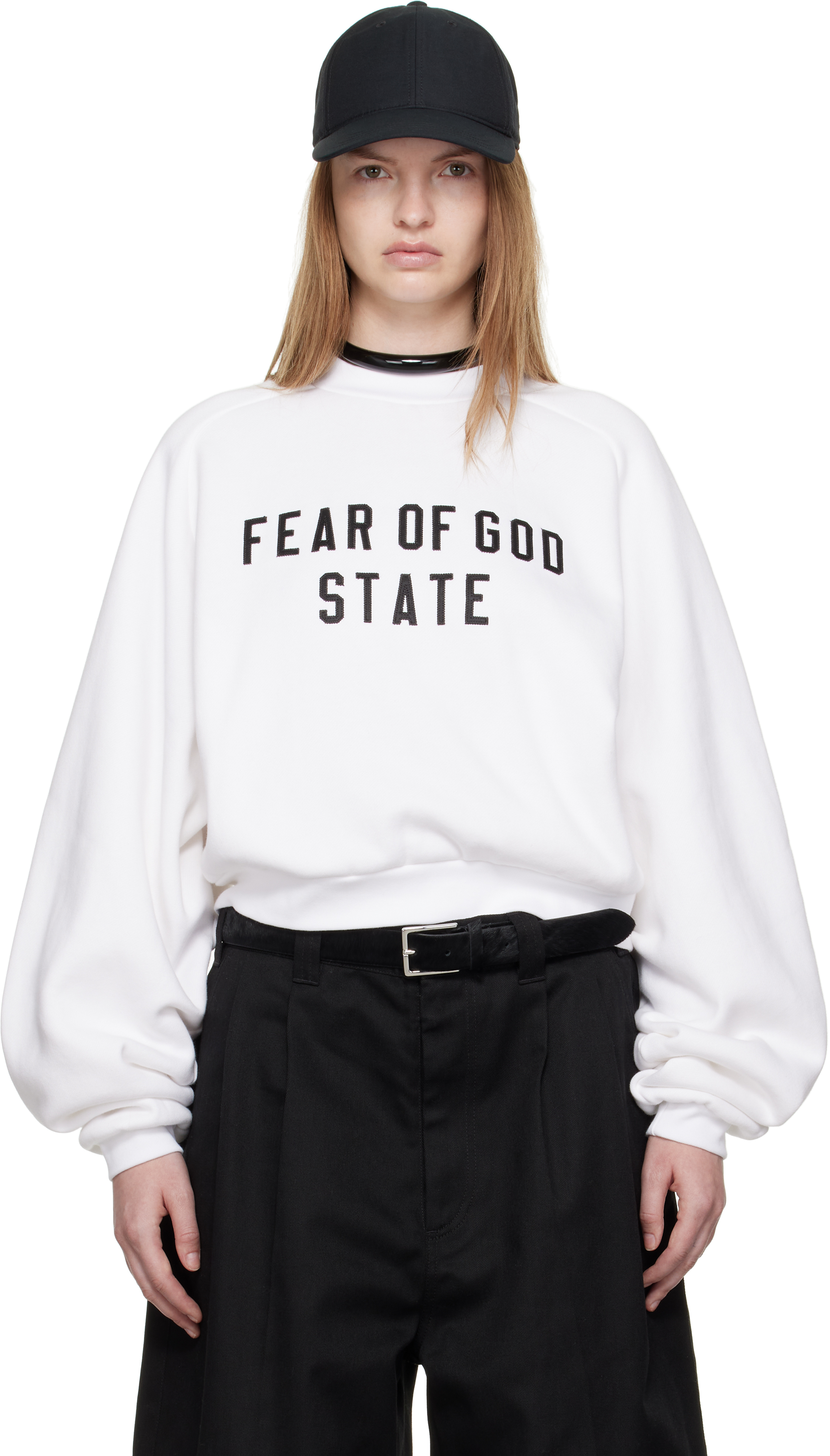 Essentials White Fleece Raglan Crewneck Sweatshirt In White