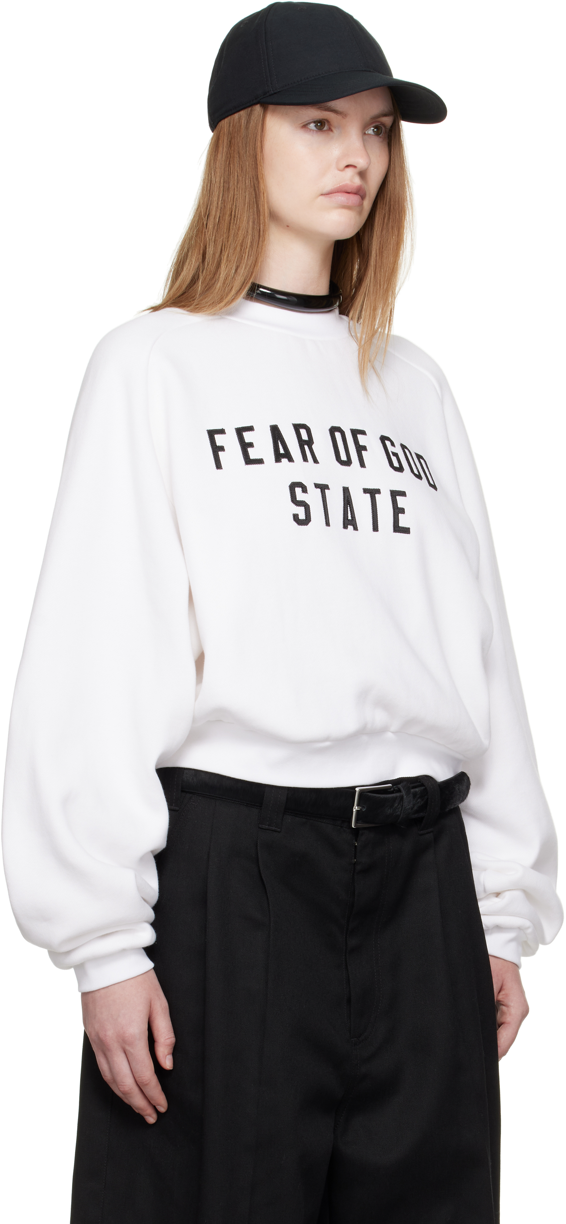 Essentials White Fleece Raglan Crewneck Sweatshirt In White