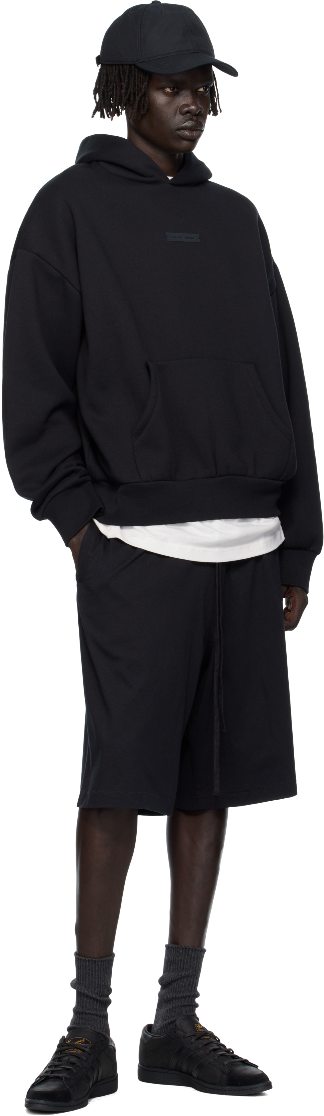 Essentials Front Logo Patch Panelled Hoodie In Black