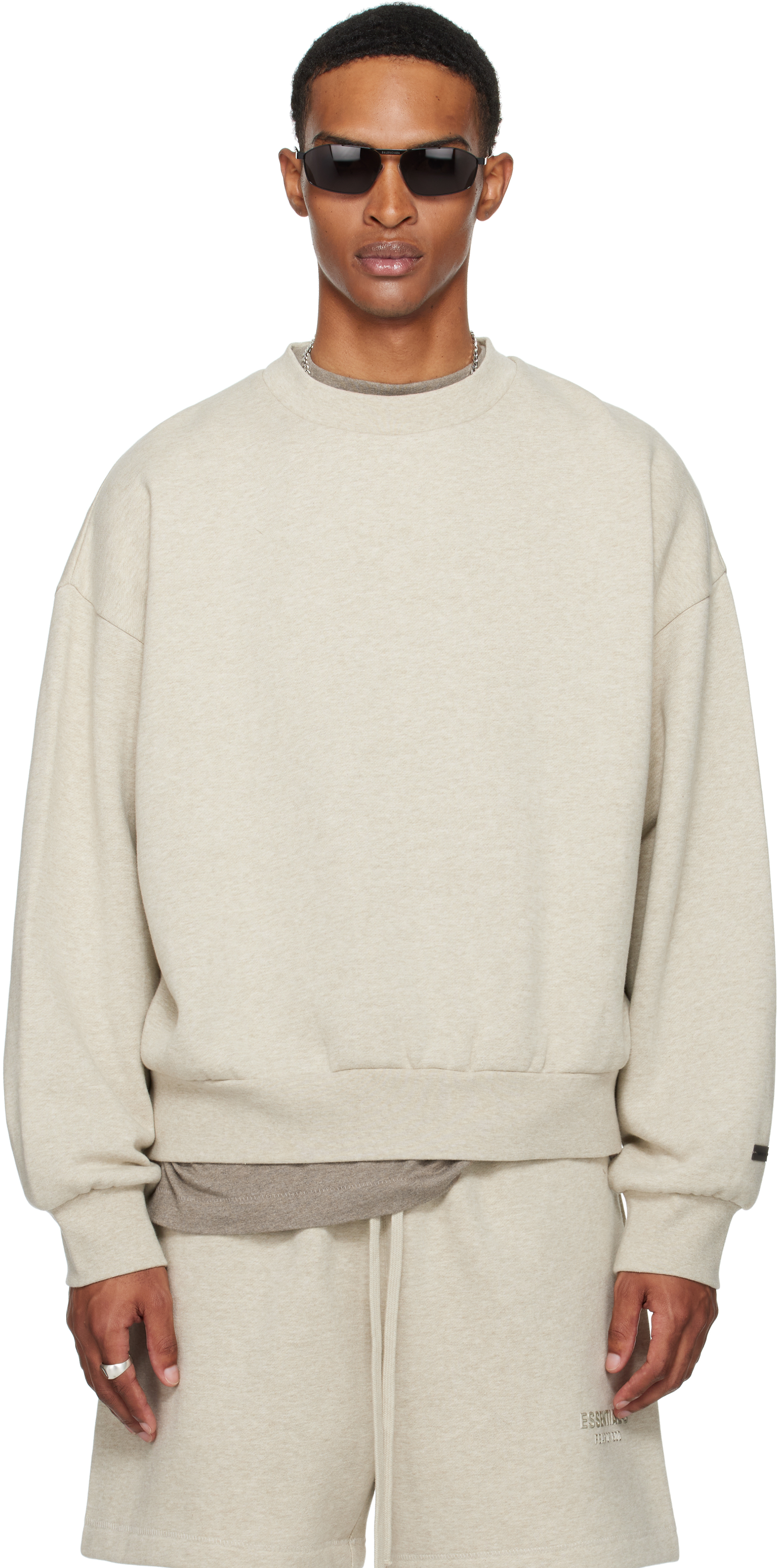 Beige Classic Fit Fleece Crewneck Sweatshirt