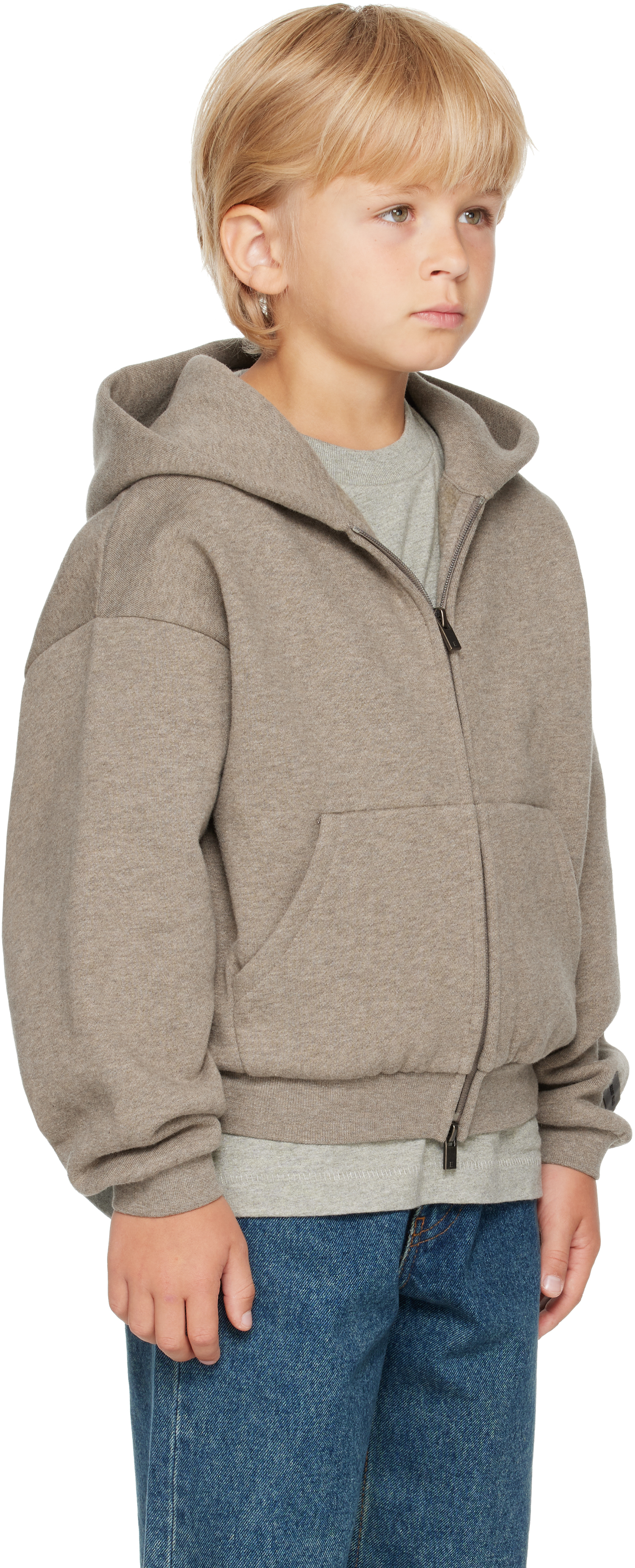 Essentials Kids Brown Fleece Zip Up Hoodie In Gray