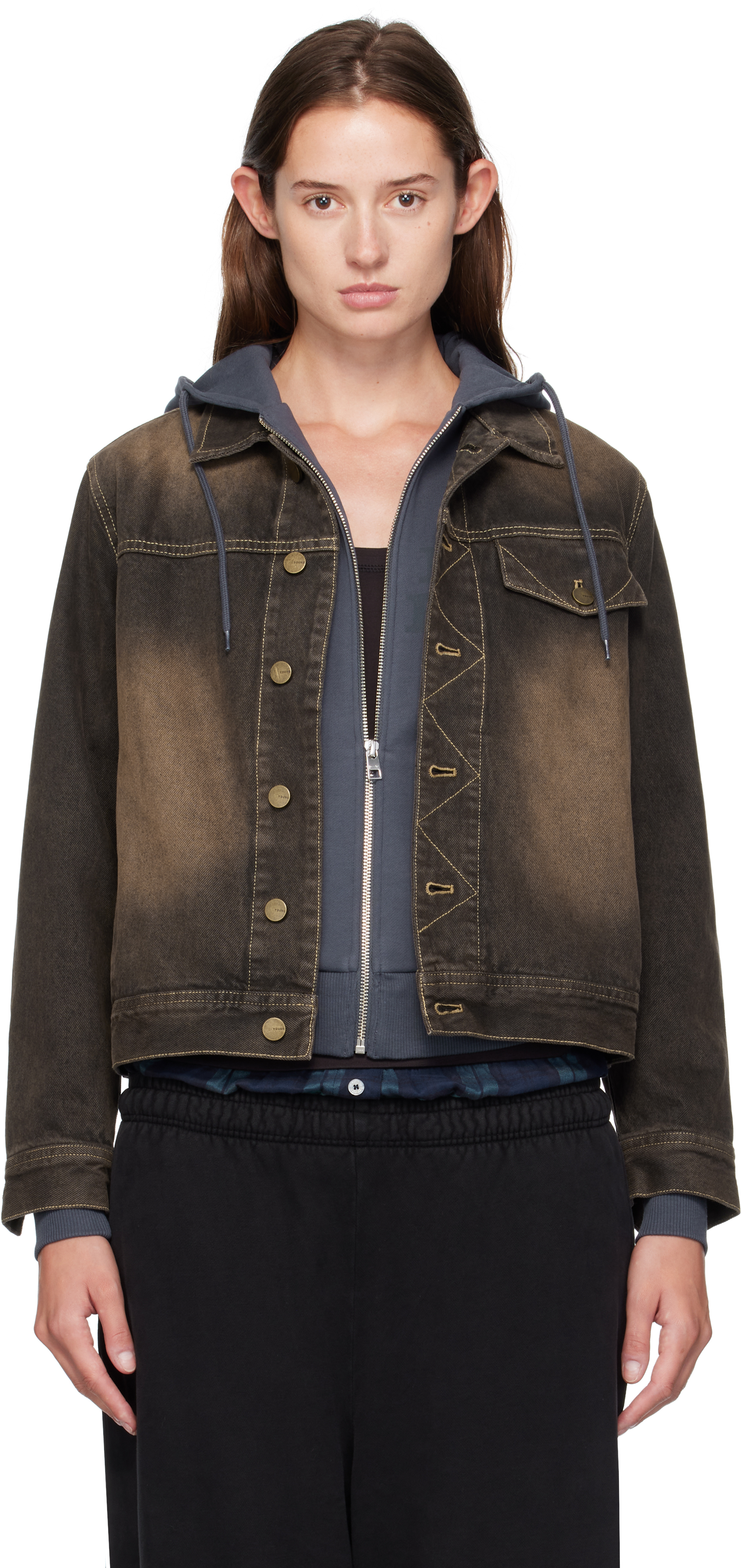 Brown Overdyed Arch Denim Jacket by Carter Young on Sale