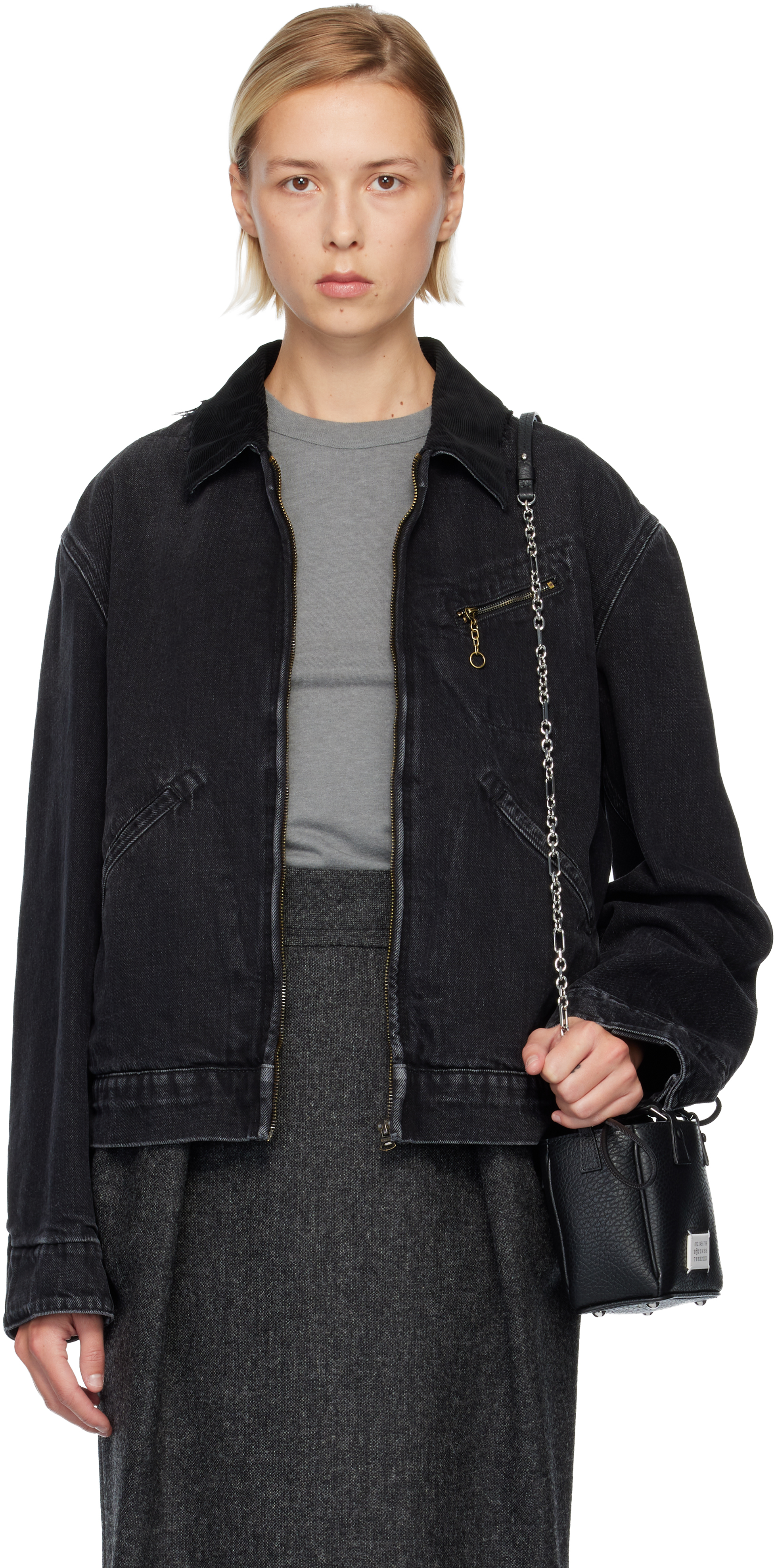Maison Margiela Black Corduroy Collar Denim Jacket In Black