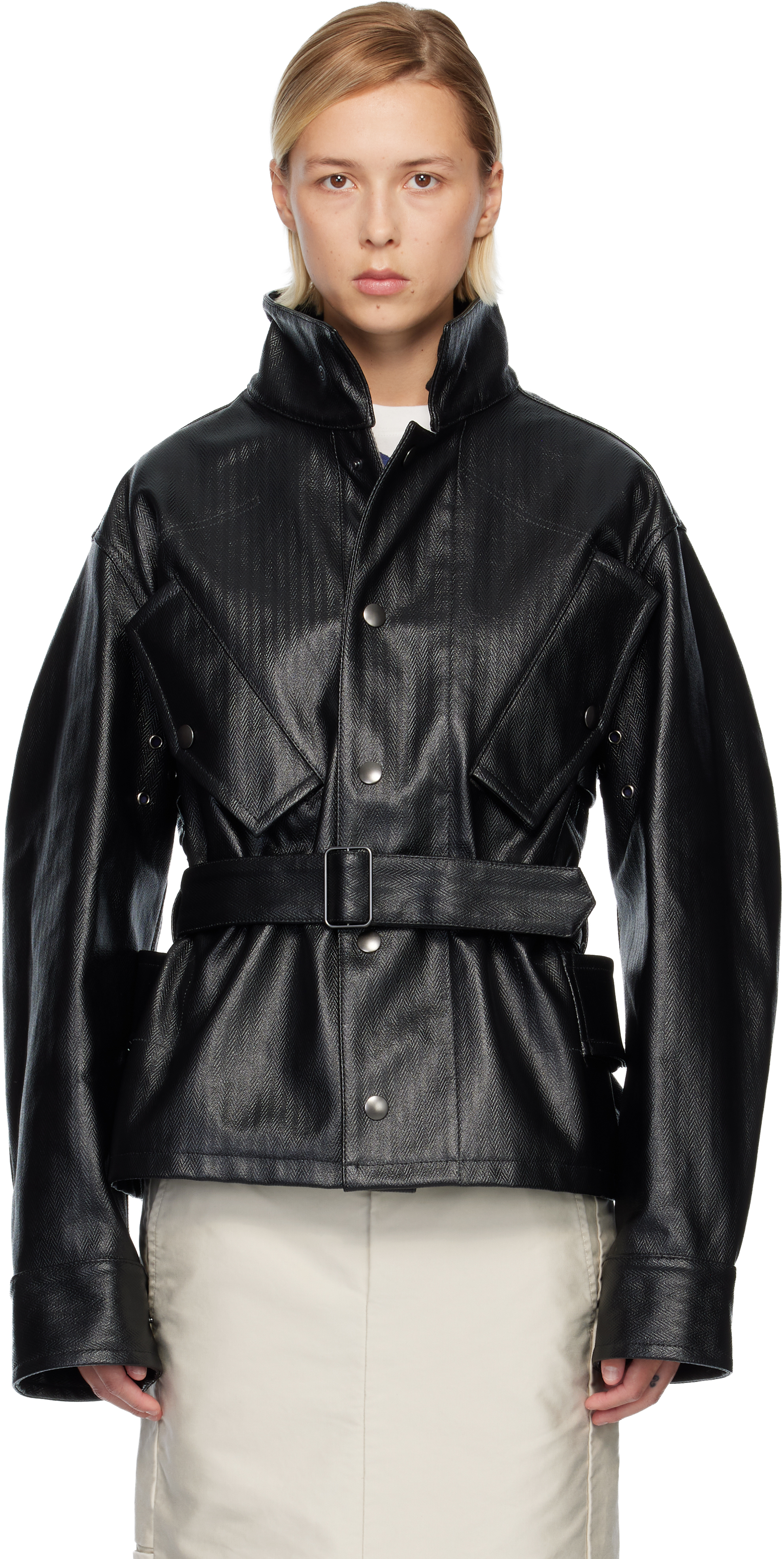 Black Belted Faux-Leather Jacket by Maison Margiela on Sale