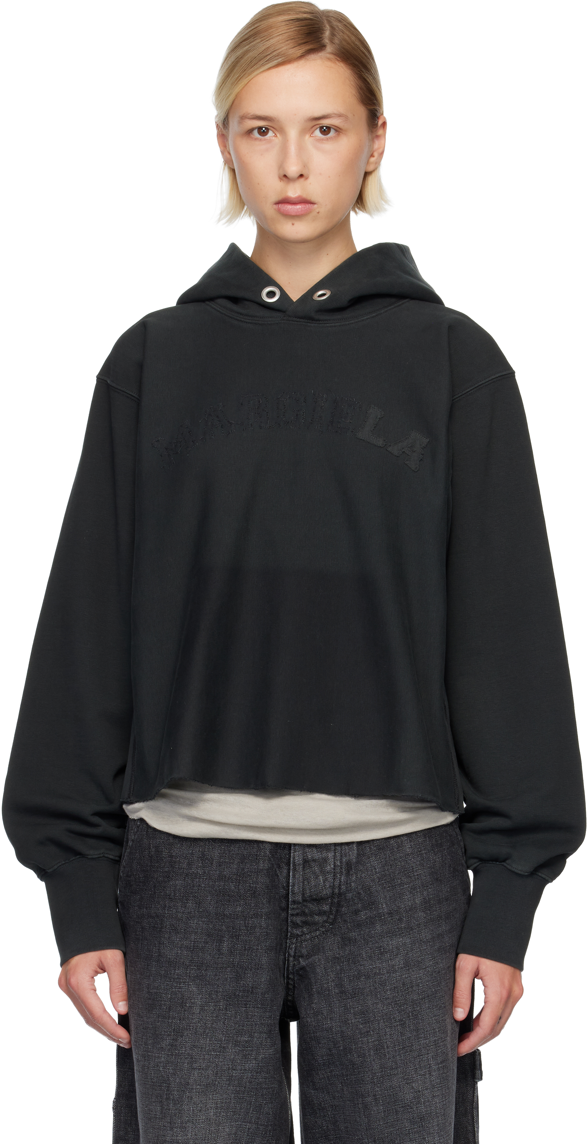 Maison Margiela Embroidered Logo Jersey Cropped Hoodie In Black