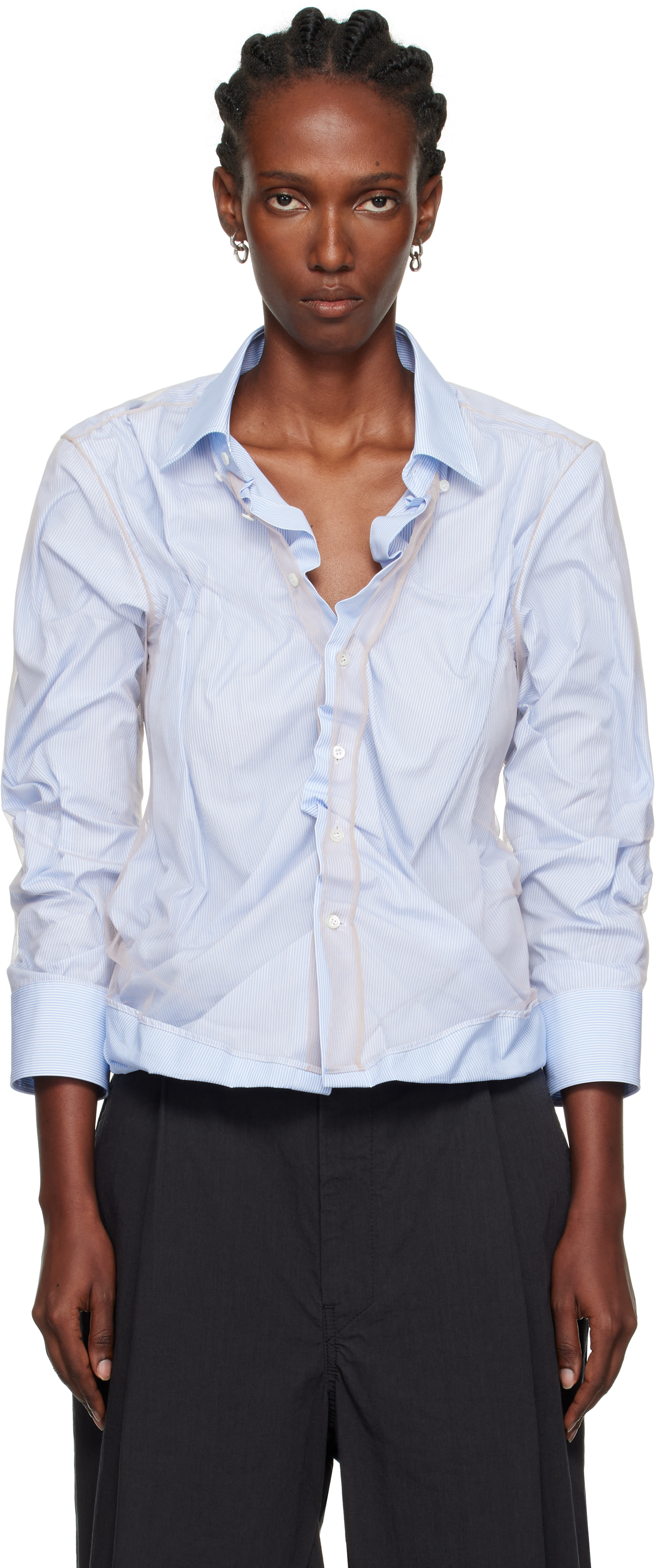 Maison Margiela Stripe Ruffle Long Sleeve Cotton Button-down Shirt In Blue