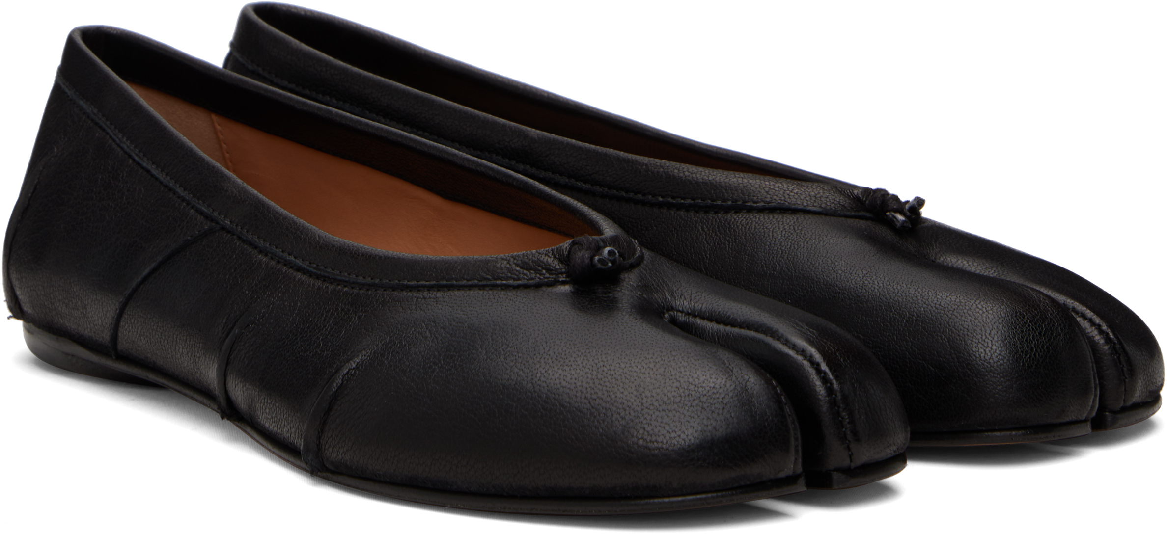 Maison Margiela Black Leather Flats With Unique Split Toe And Bow Accent In Black