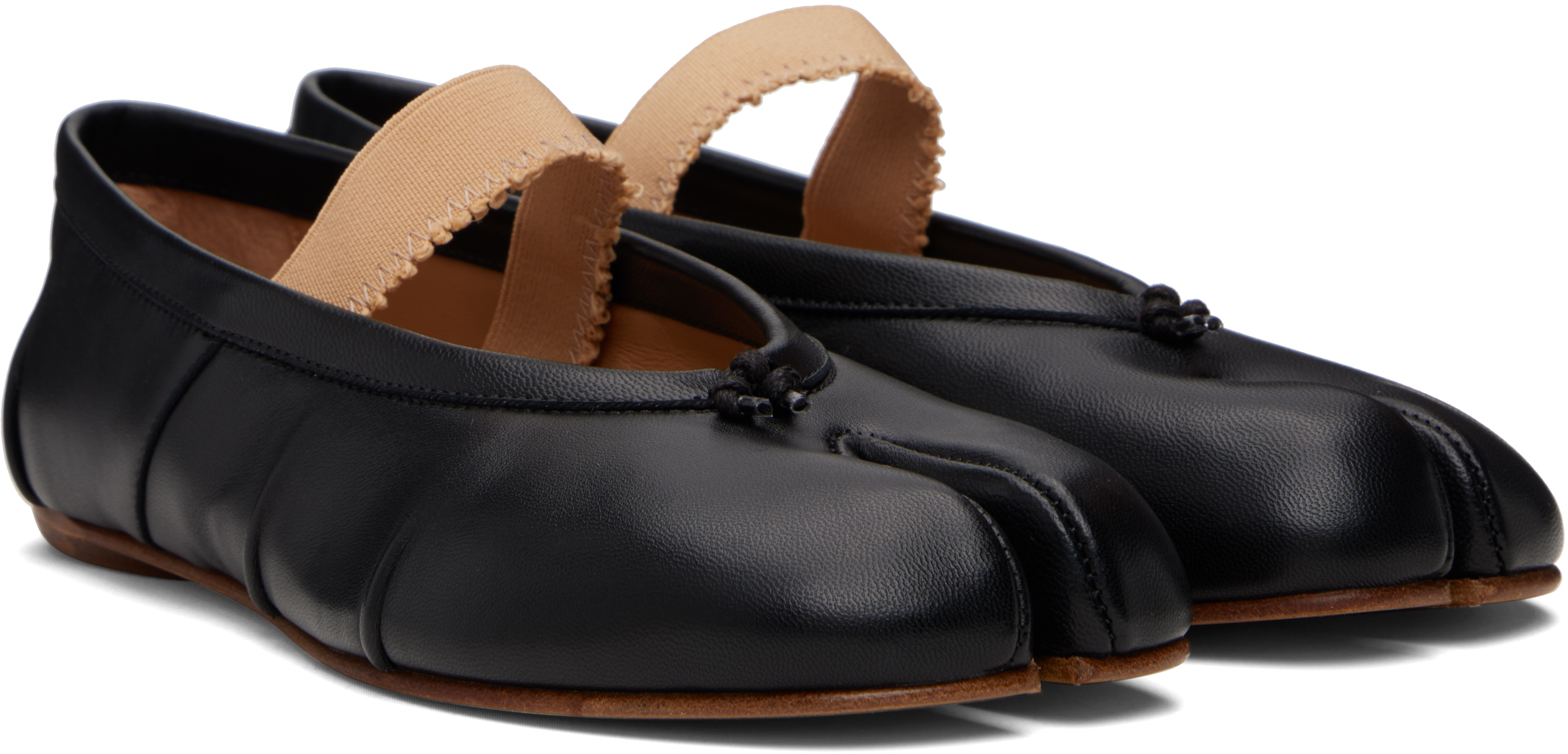 Maison Margiela Black Leather Flats With Elegant Elastic Strap In Black