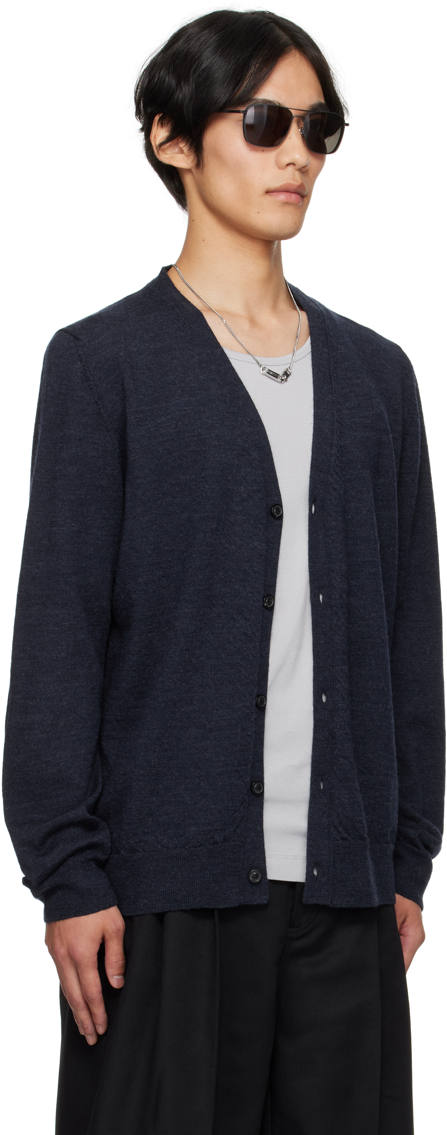 Maison Margiela Navy Suede Elbow Patch Cardigan In Blue