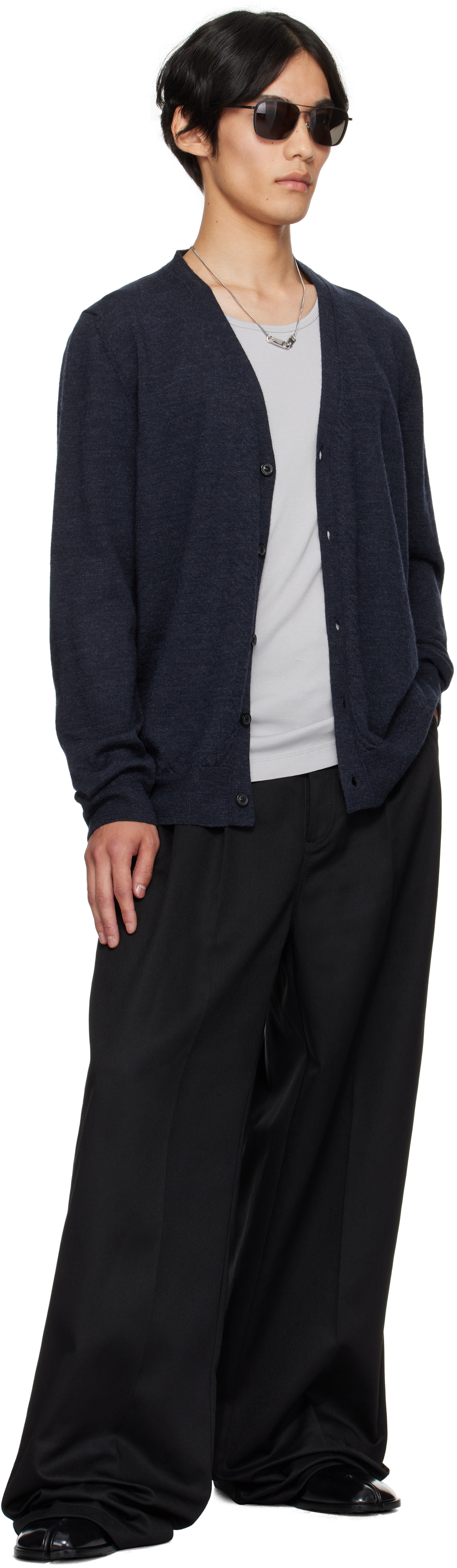 Maison Margiela Navy Suede Elbow Patch Cardigan In Blue