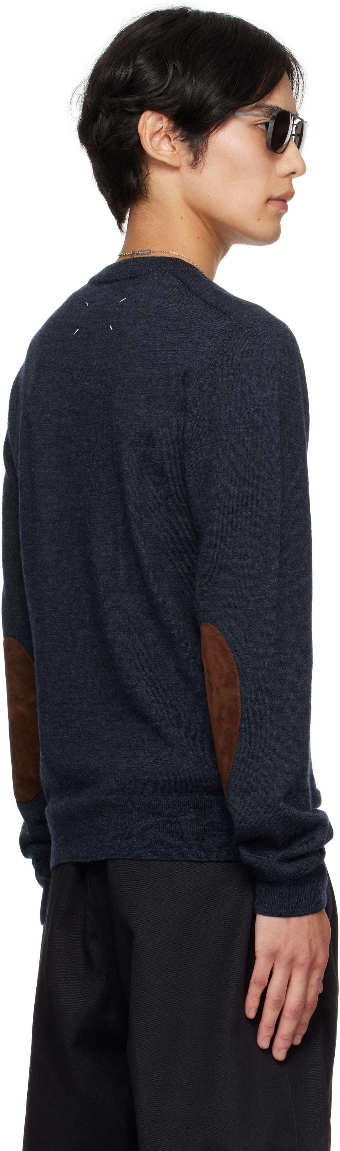 Maison Margiela Navy Suede Elbow Patch Sweater In Blue