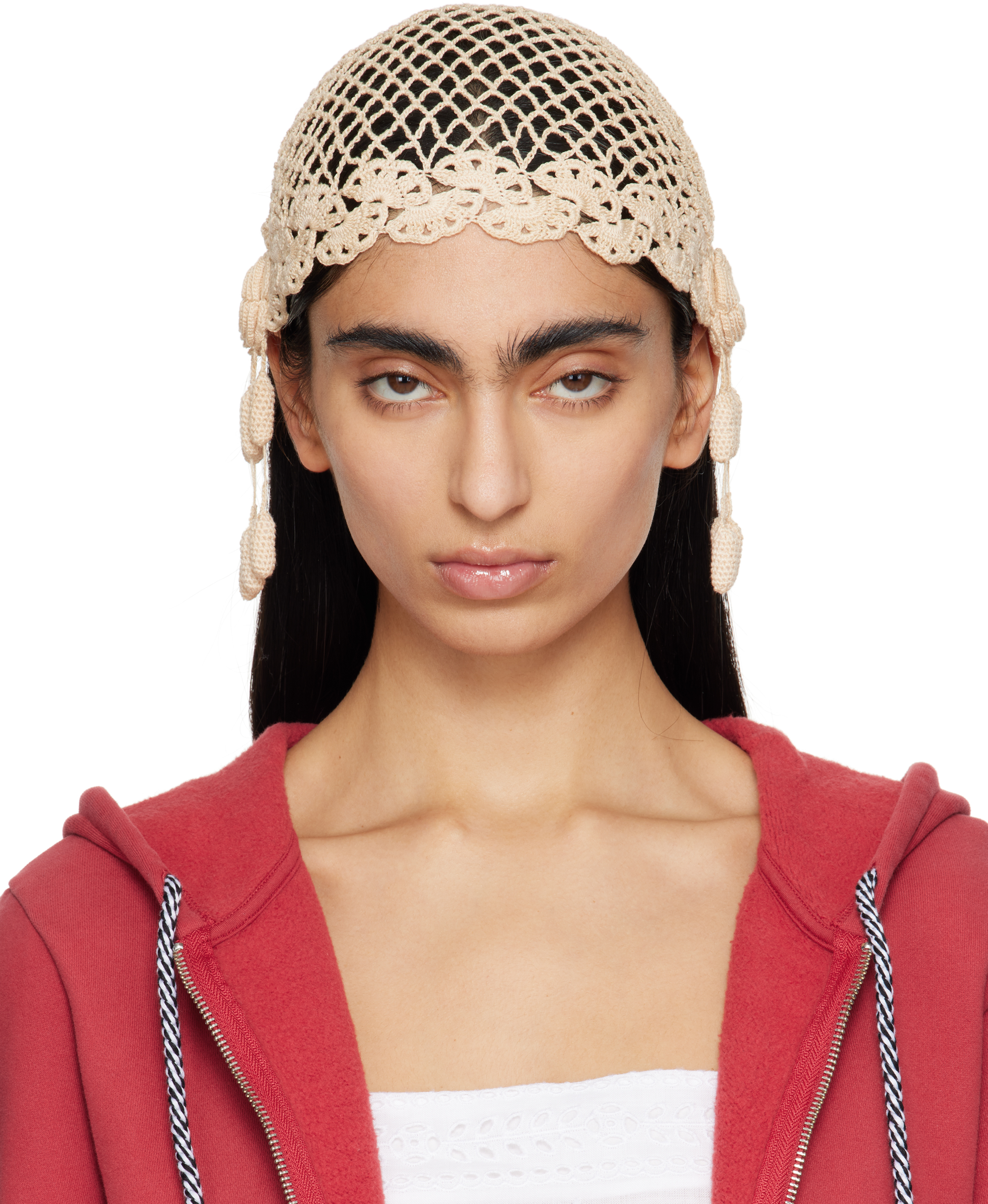 Bode Beige Blossom Crochet Beanie In Cream Cream