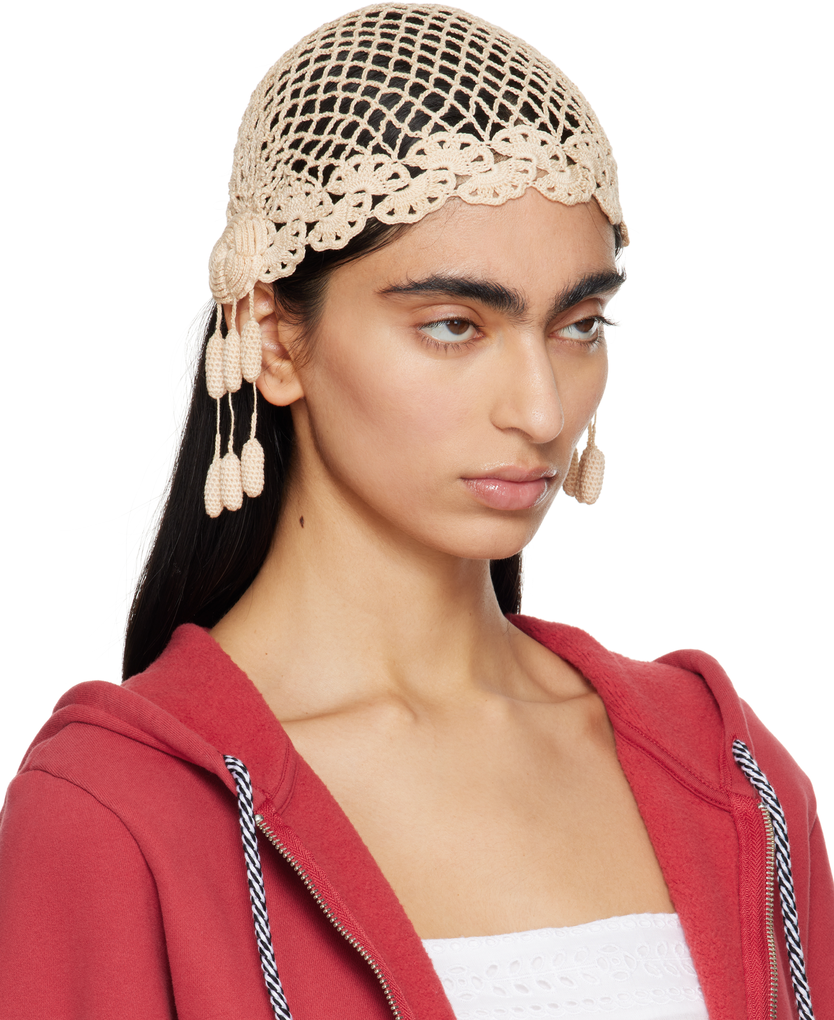 Bode Beige Blossom Crochet Beanie In Cream Cream