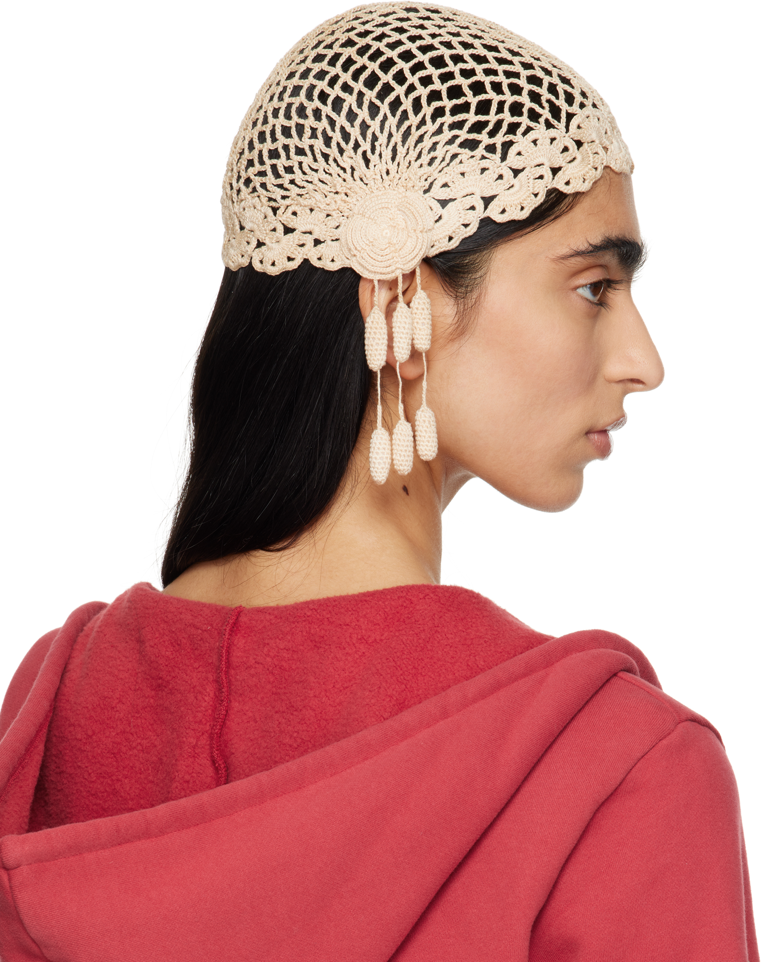 Bode Beige Blossom Crochet Beanie In Cream Cream