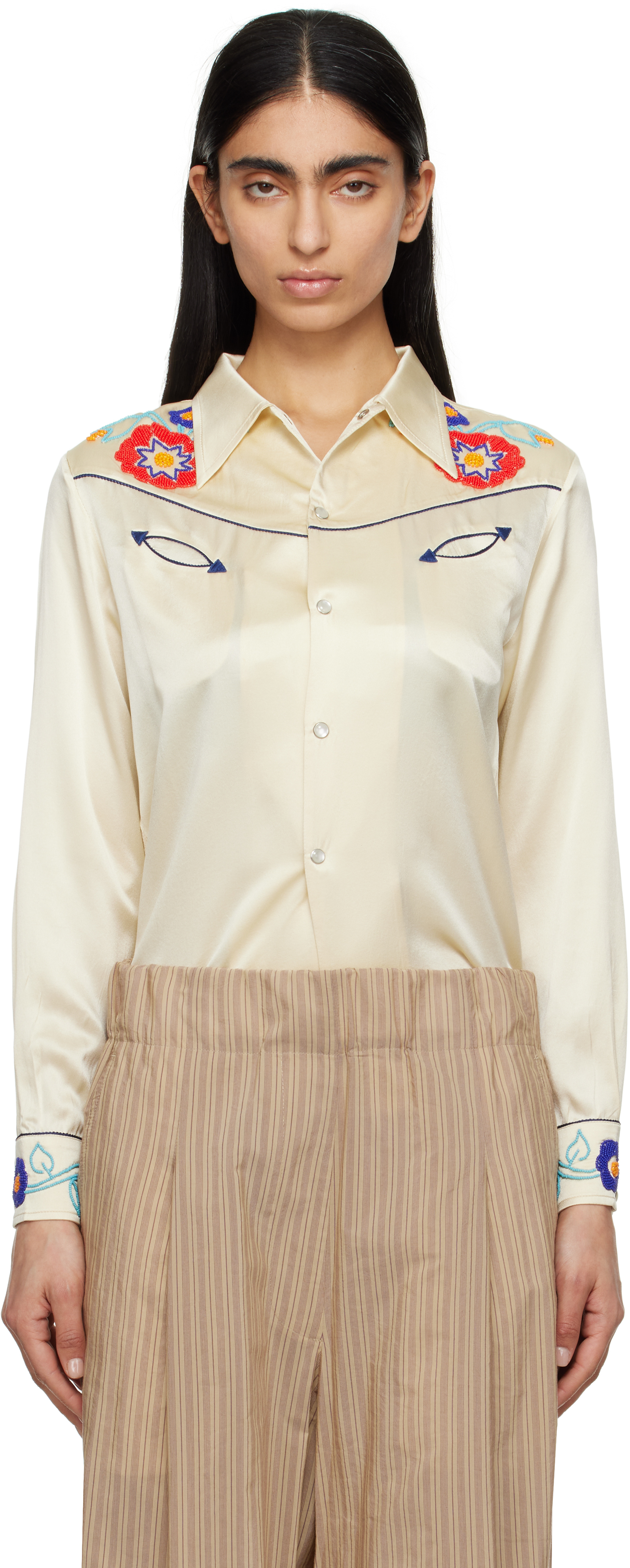 Shop Bode Beige Garden Party Western Shirt In Cream Multi Crmlt
